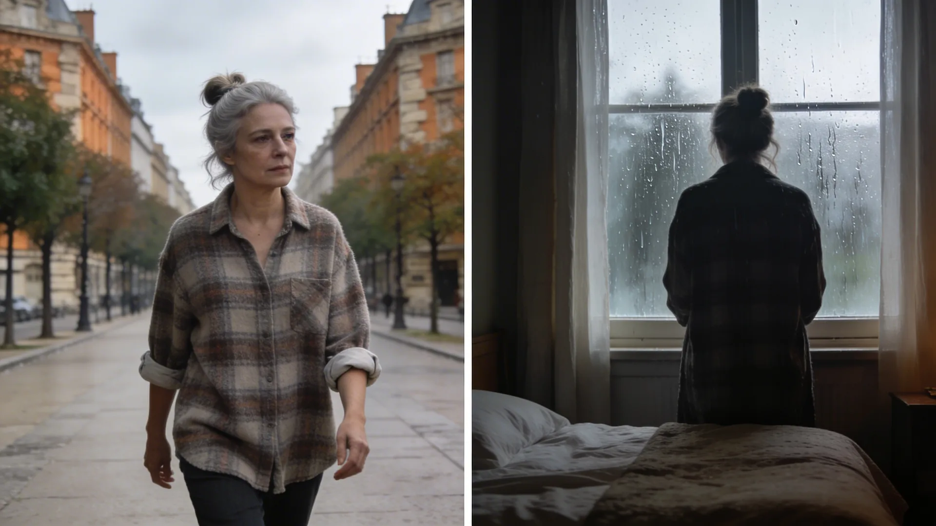 Man standing at rain-streaked bedroom window from behind as grief comes in waves through quiet domestic morning