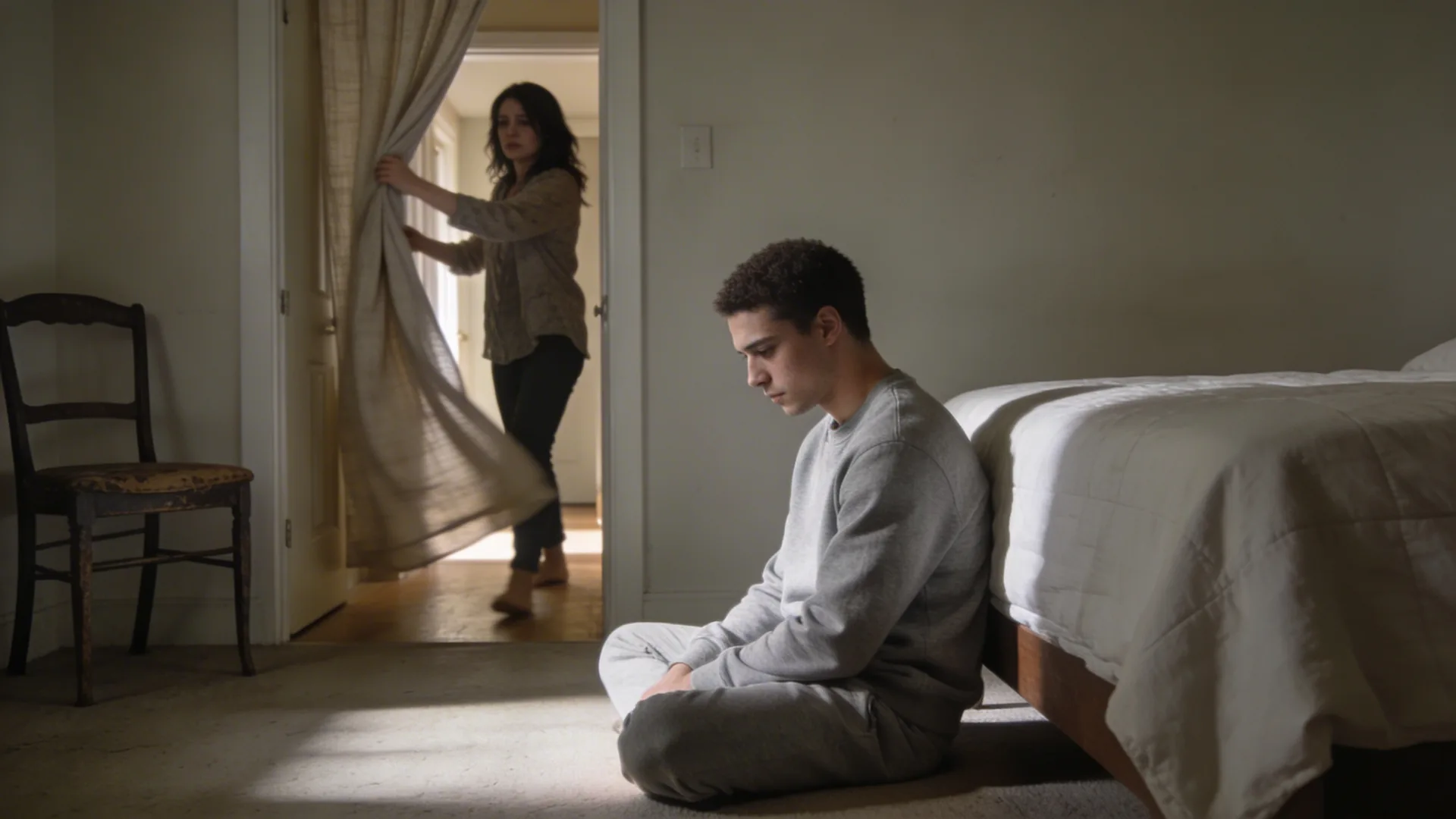 Woman drawing back linen curtain in hallway as grief wave moves through the body in quiet morning light