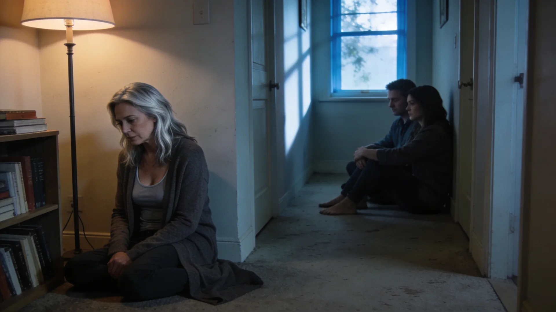 Two people sitting quietly together in a hallway sharing grief quotes for real emotional states