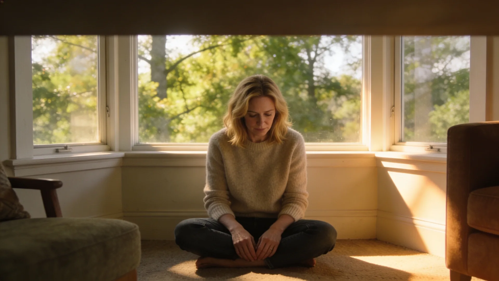 Woman opening curtain in living room as light enters showing what changes after a week of using one line