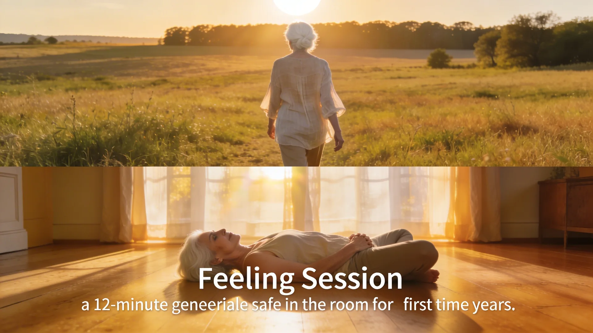 Woman lying on wooden floor in Feeling Session posture as a 12-minute practice for collapsing inward moments