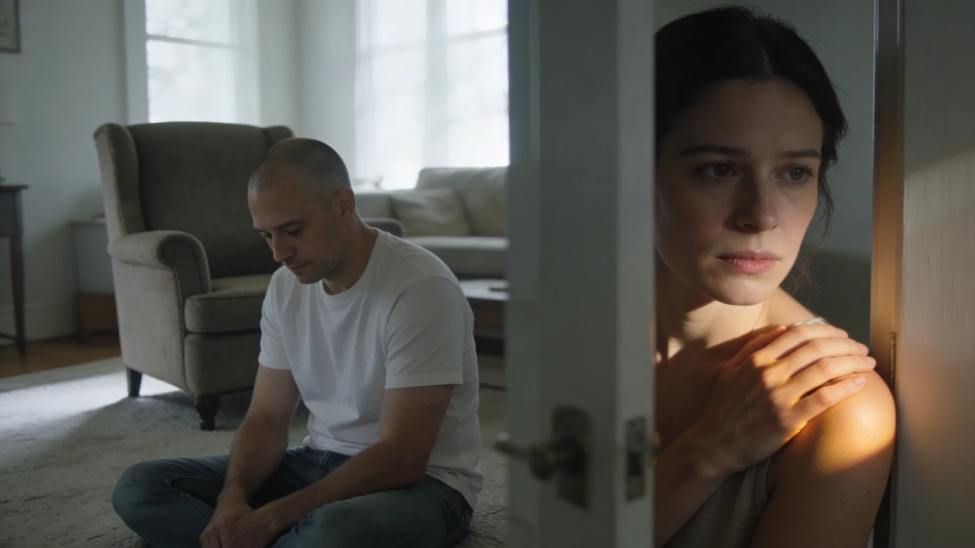 Woman pausing in doorframe of sunlit living room, body tense, beginning the process of healing the inner child