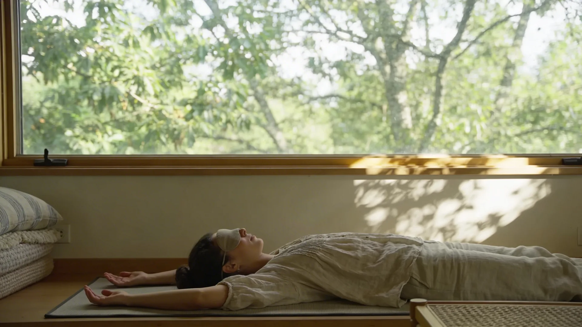 Woman lying on grounded mat with palms down and eyes covered, body-based inner child healing practice
