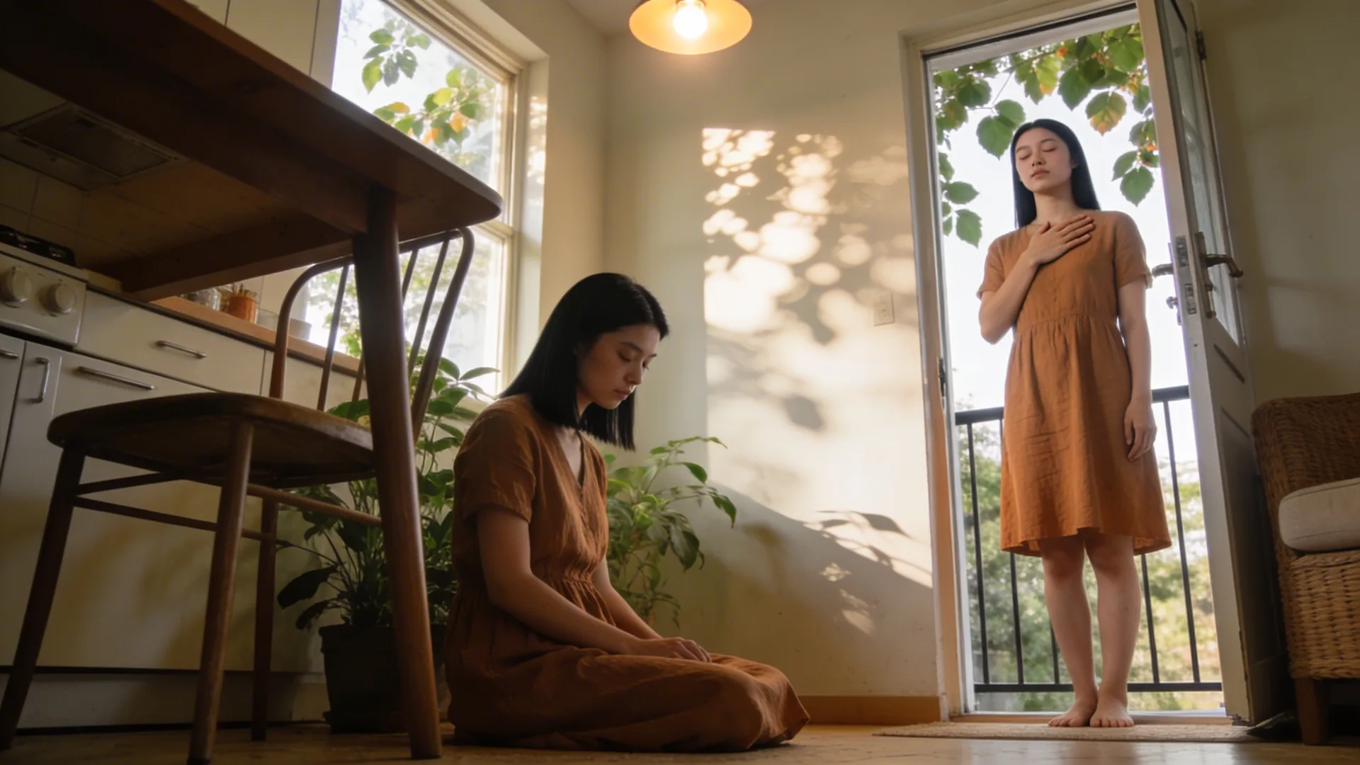 Woman standing at open balcony door with hand on chest and eyes closed, practicing a calm grounding moment