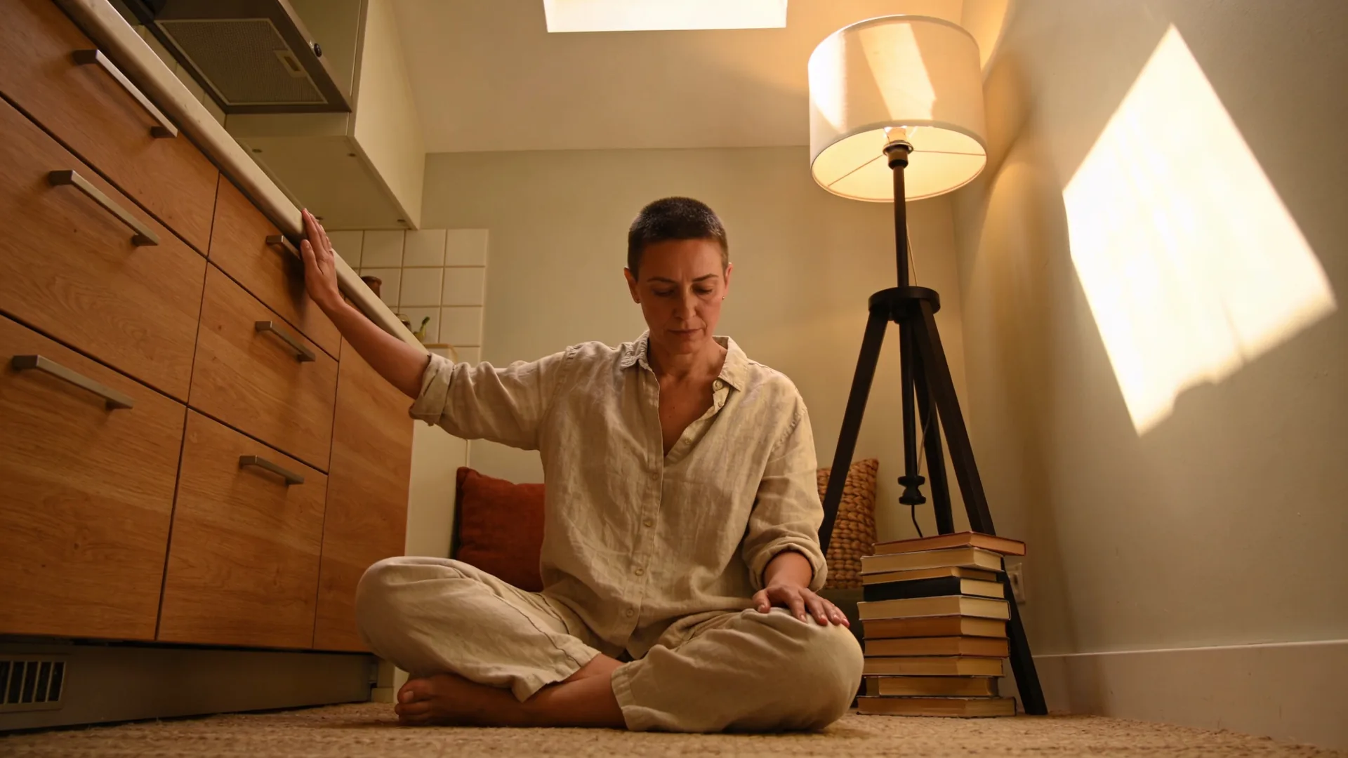Hands resting palms down on wooden kitchen counter beside ceramic mug during grounded 10-minute reset