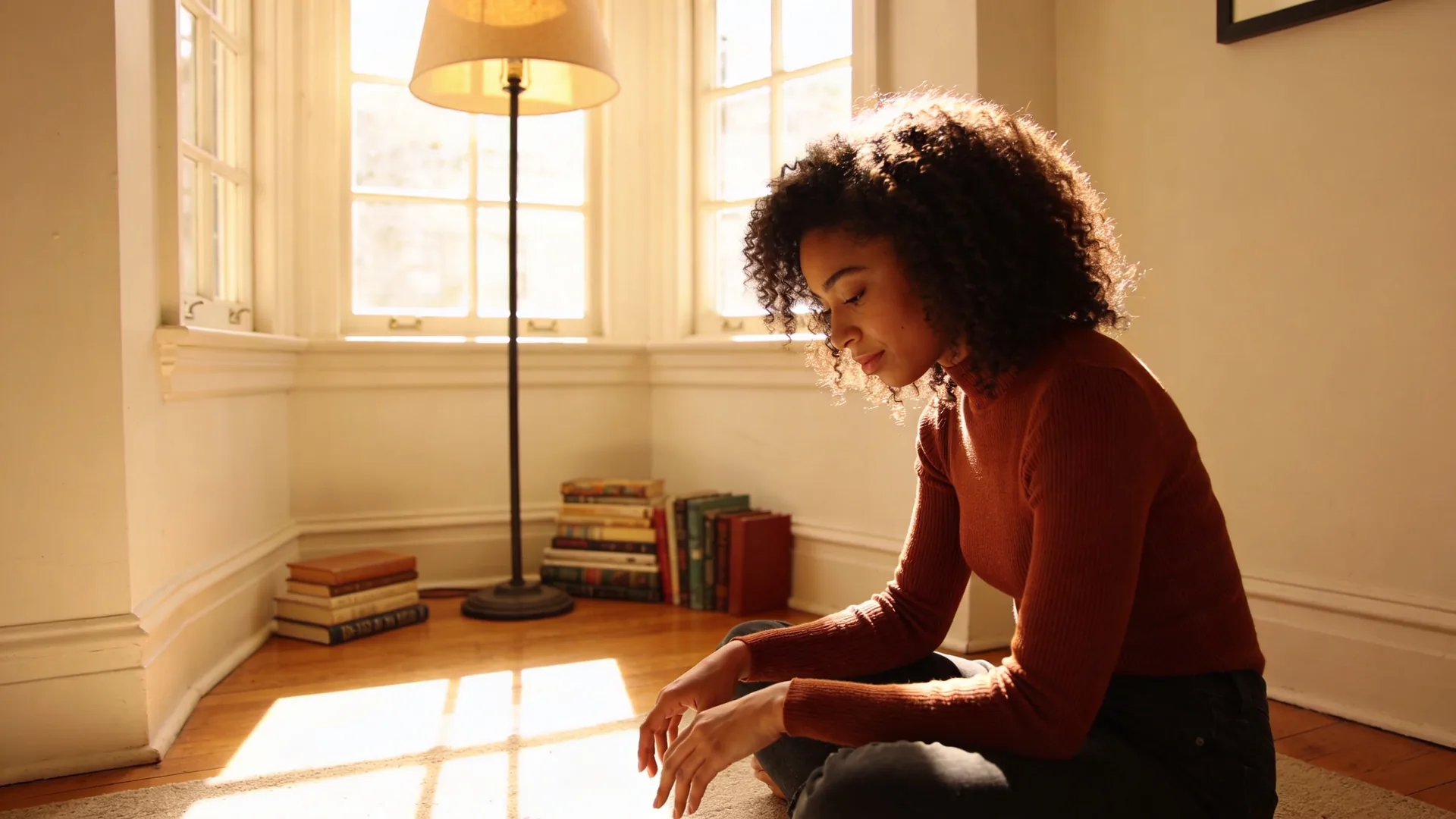 Two people sitting on floor against couch with quiet space between them showing the hidden cost of high functioning anxiety