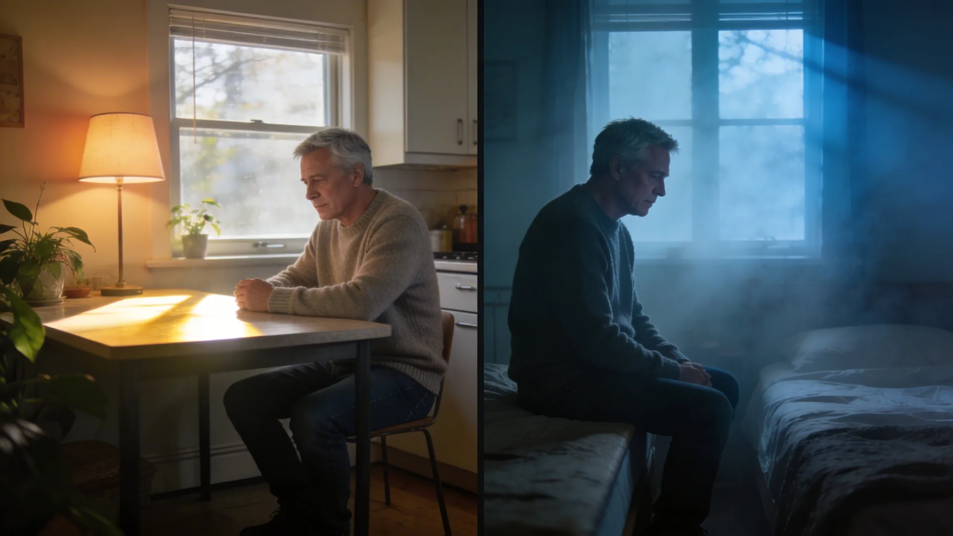 Person sitting on bed edge in hazy morning light illustrating how long grief brain fog lasts