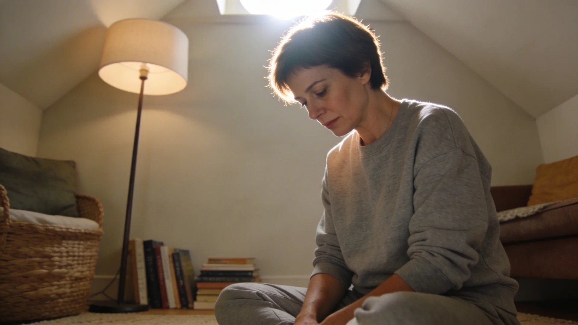 Woman lying in Feeling Session posture on floor as a 10-minute reset for grief brain fog