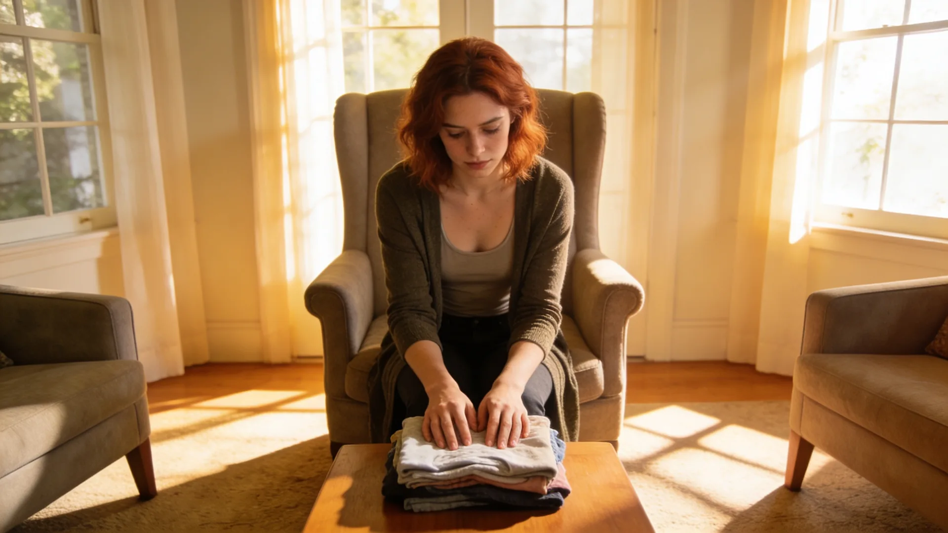 Hands resting on folded laundry on wooden table showing why grief brain fog lingers for some people