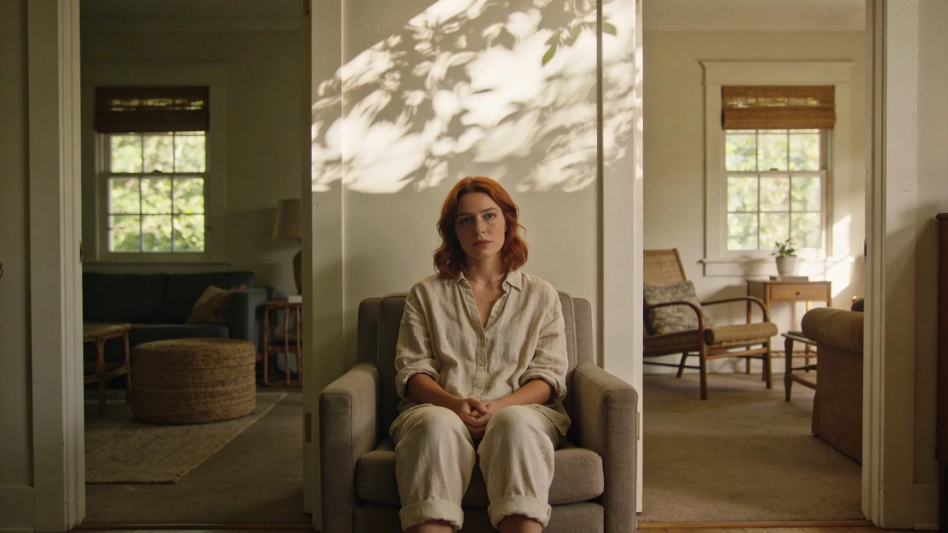Woman paused between two doorways in hallway representing attachment and safety patterns in repeating relationship fights