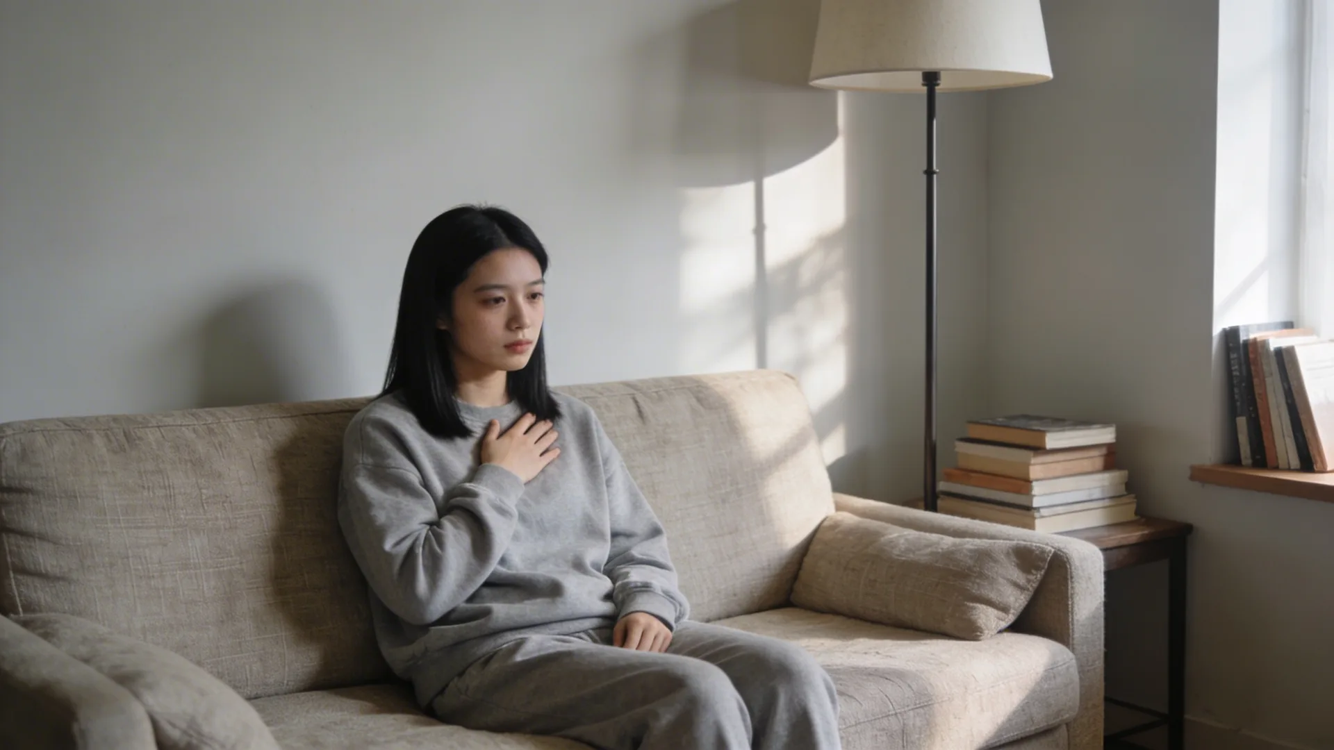 Woman sitting on linen sofa with hand on chest learning how to create emotional safety in quiet morning light