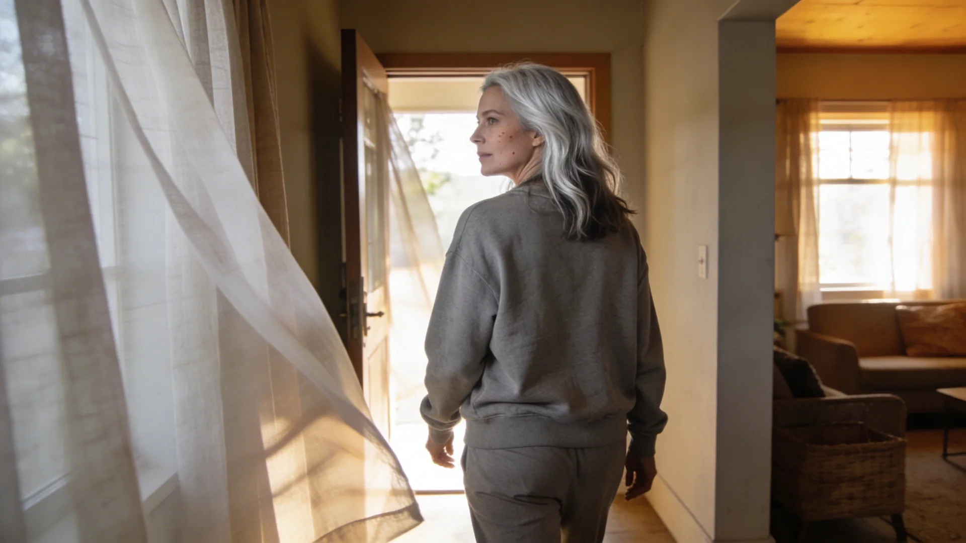 Woman walking through doorway into light showing what changes and softens after shadow work practice