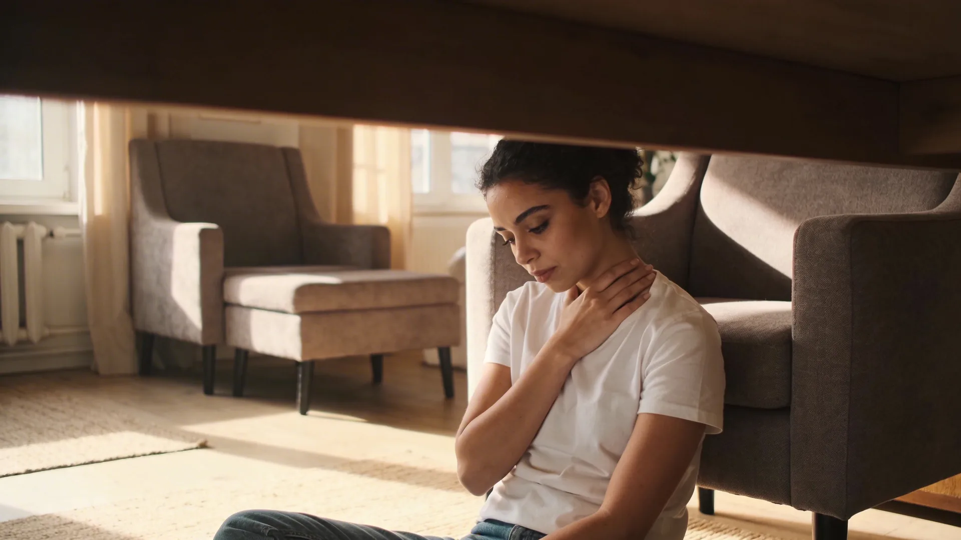 Woman touching her throat near bathroom mirror during the re-entry sequence of sensation before words