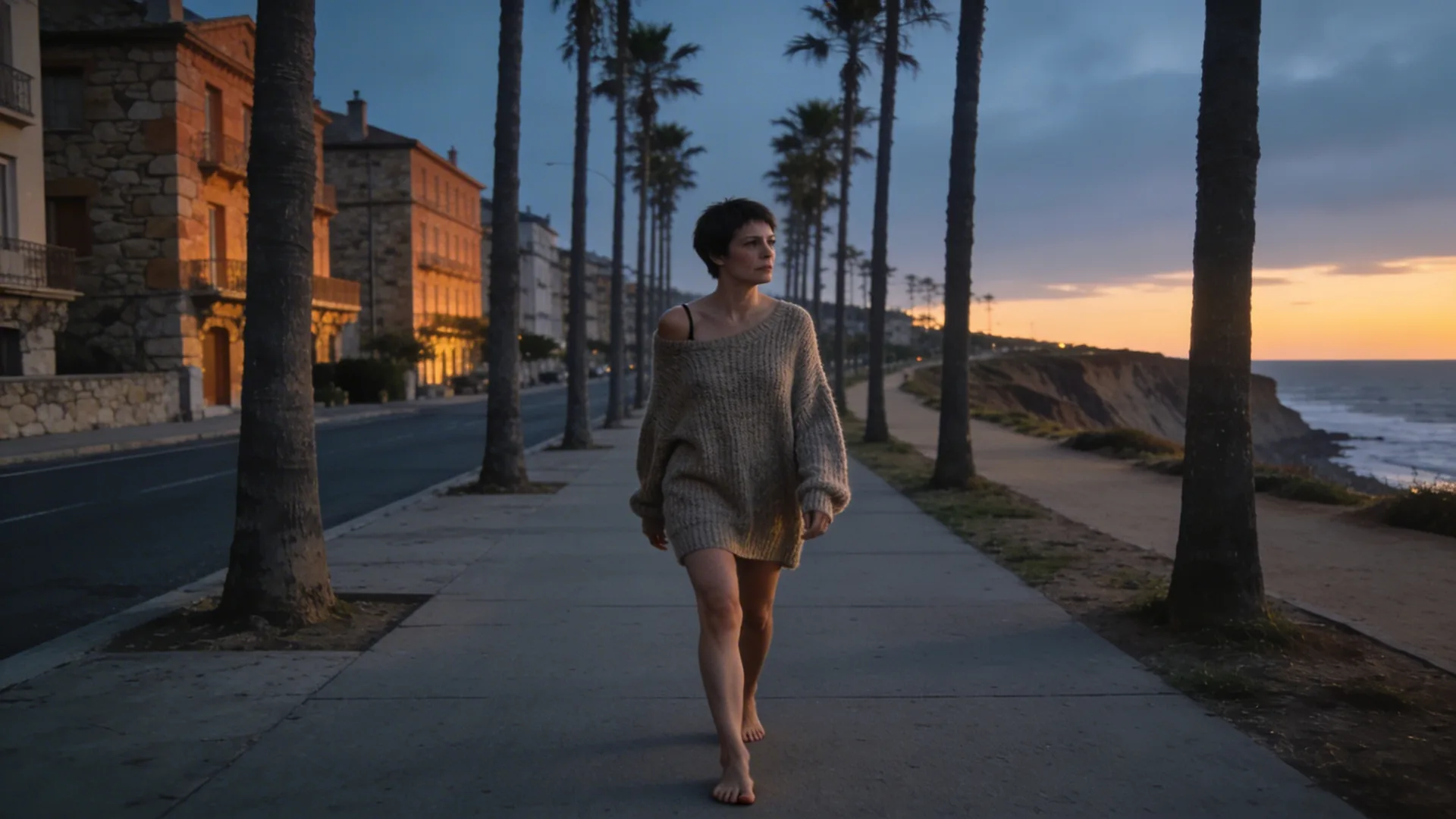 Person walking a coastal bluff path at golden hour, tense shoulders showing how to feel safe in your own skin