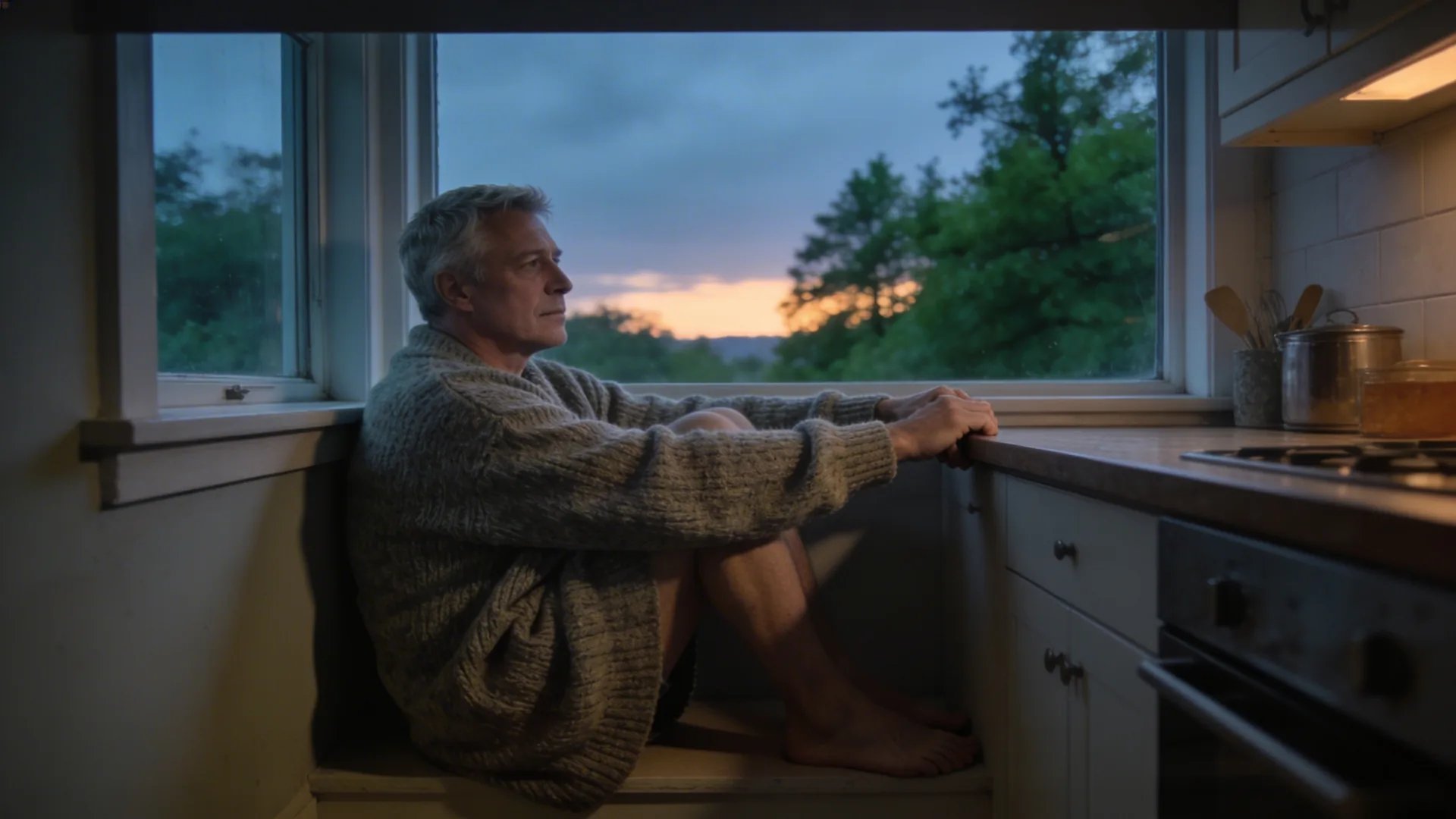 Tense hands gripping a kitchen counter, body braced and frozen, showing why the body says no before the mind understands