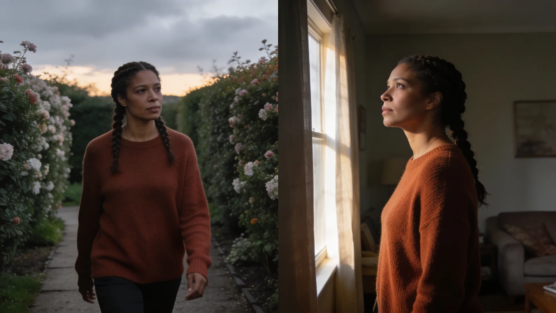 Woman standing in a quiet living room looking toward window light while figuring out life purpose