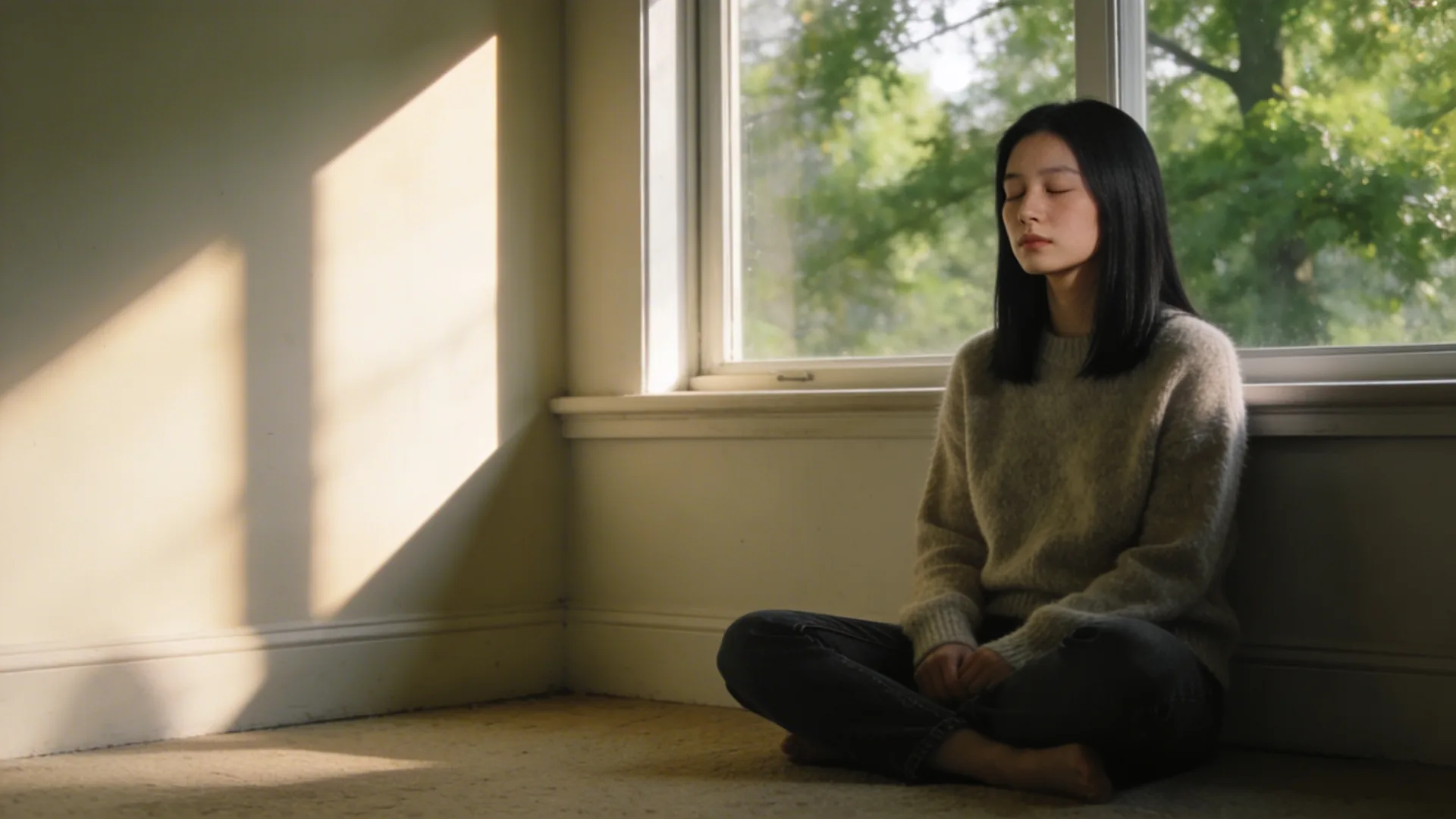 Man sitting on floor learning how to forgive yourself with eyes closed in quiet morning light