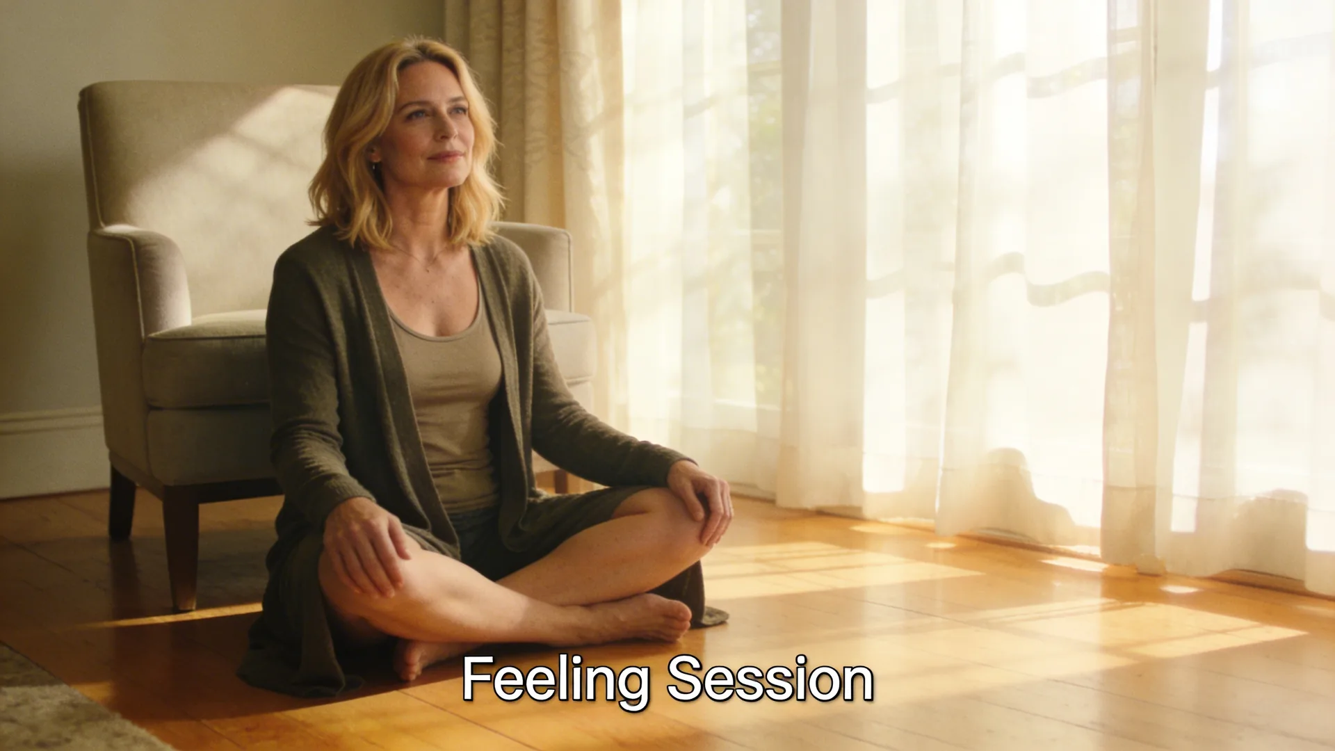 Woman in Feeling Session posture on wooden floor showing the integration of self-forgiveness through the body
