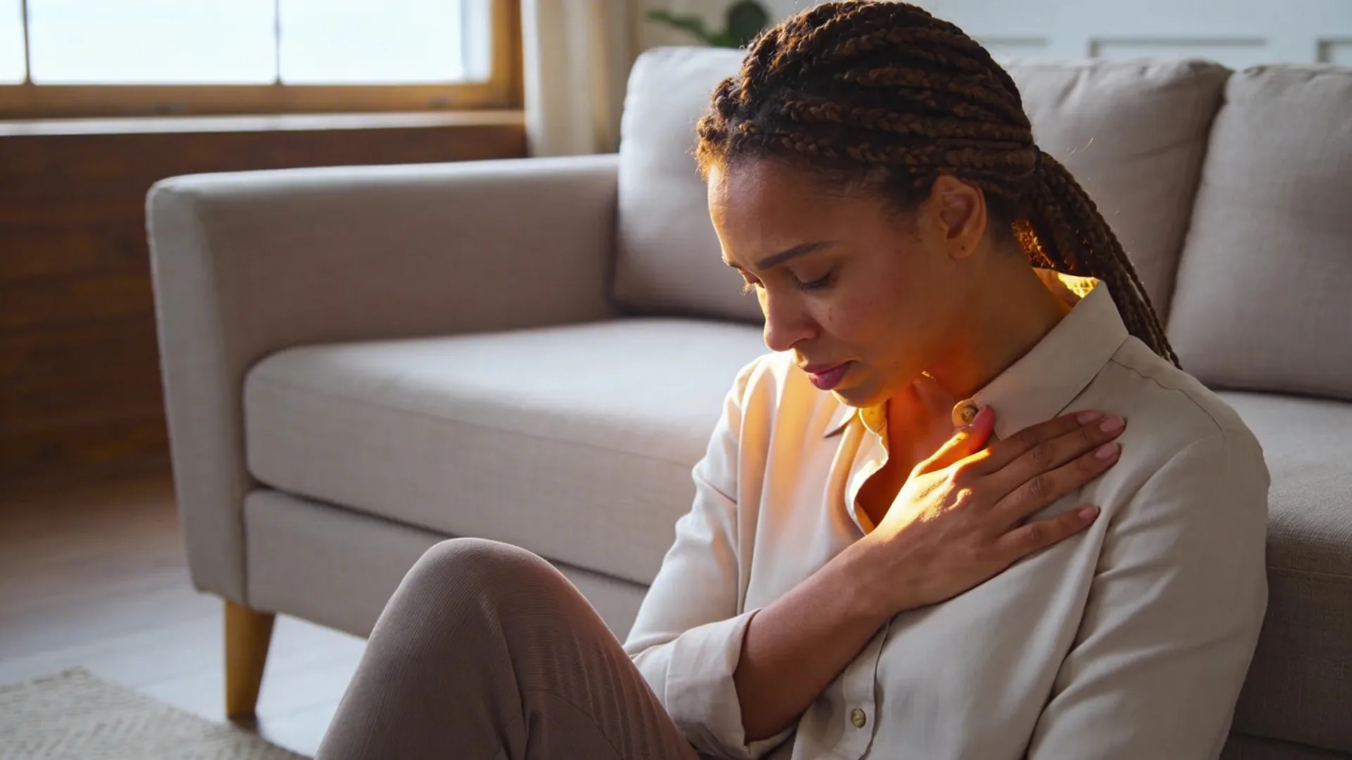 Woman sitting on floor with hand on chest during a 12-minute emotional reset to stop shutting down