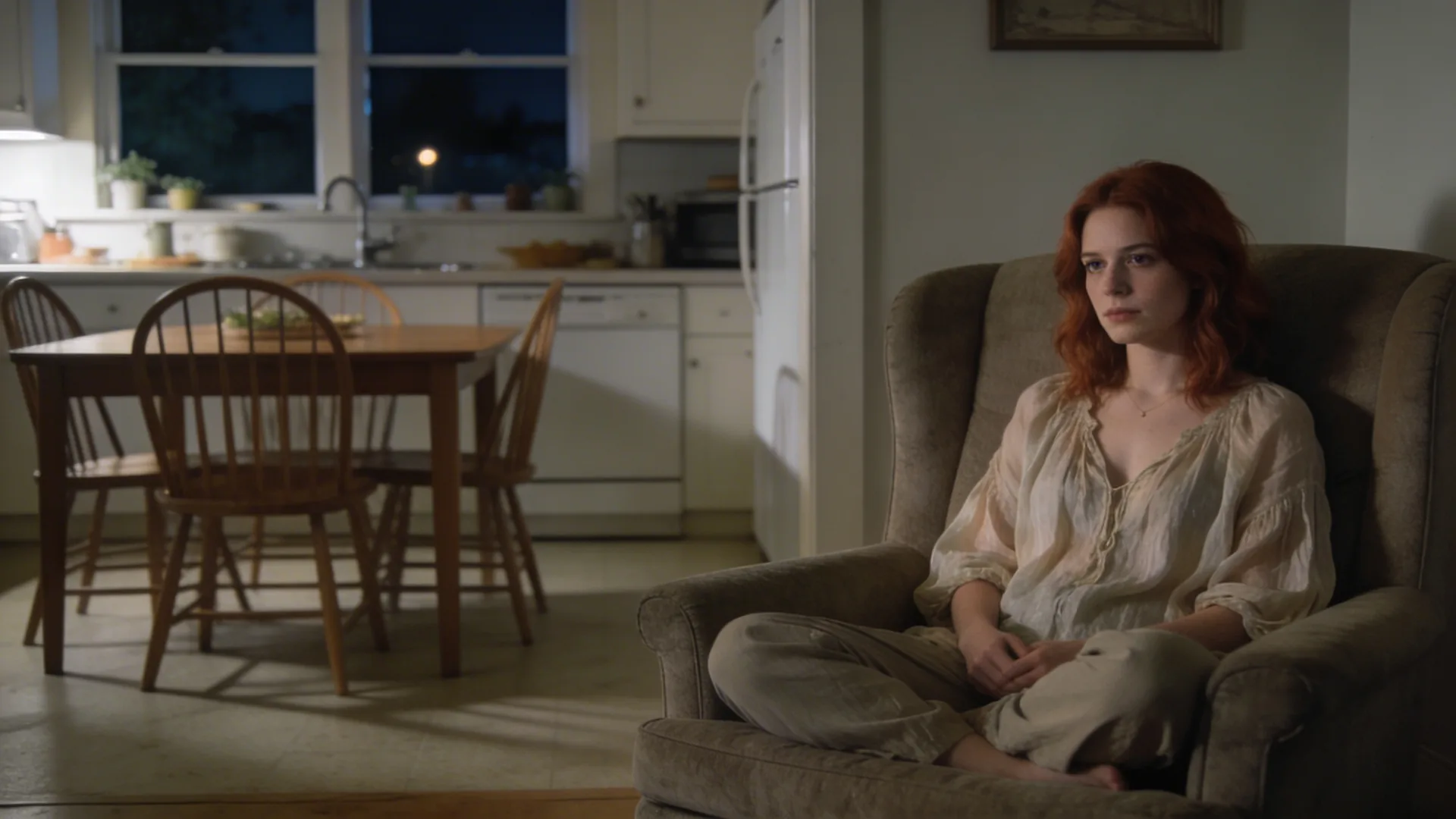 Woman sitting at kitchen table at night learning how to know ego from intuition in body through stillness