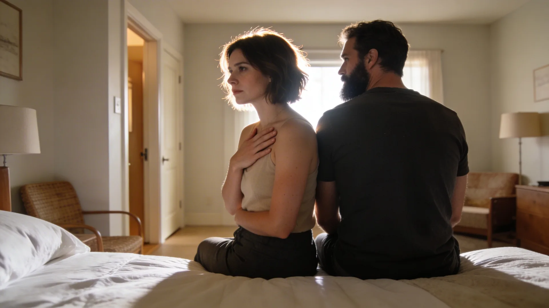 Woman pressing hand to chest in hallway showing why anger and resentment stay stuck in the body