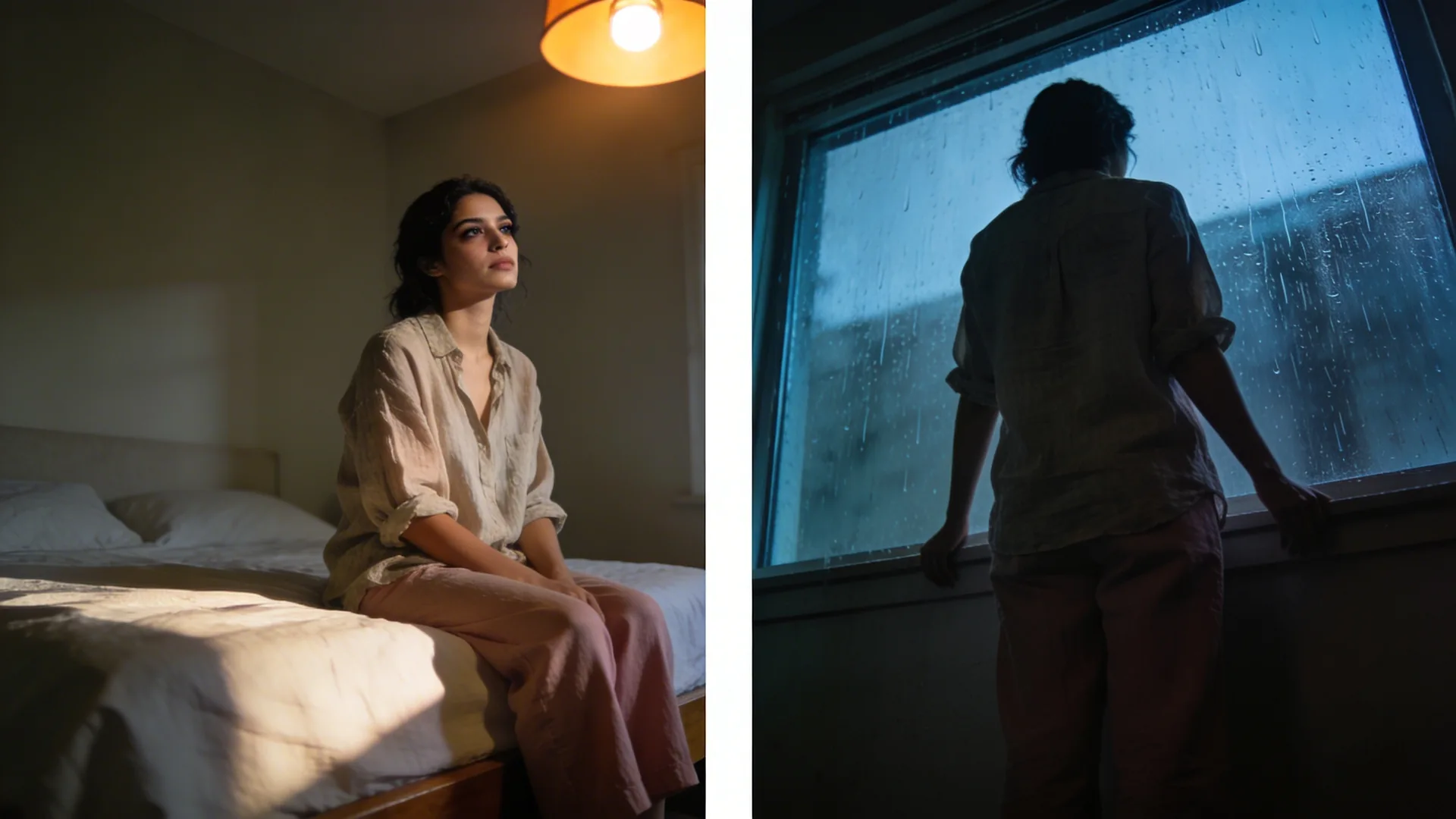 Woman standing at rain-streaked window from behind, arms still at sides, quietly learning how to let go of control in soft morning light