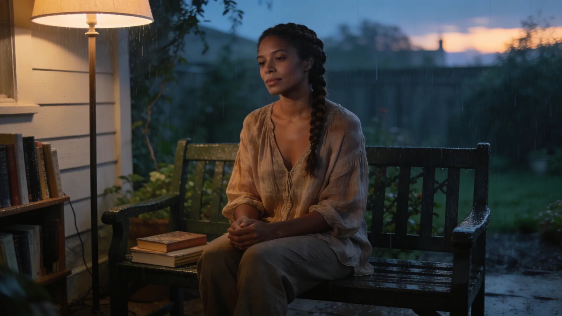 Overhead view of woman sitting on garden bench after rain, learning how to let go of someone in quiet stillness