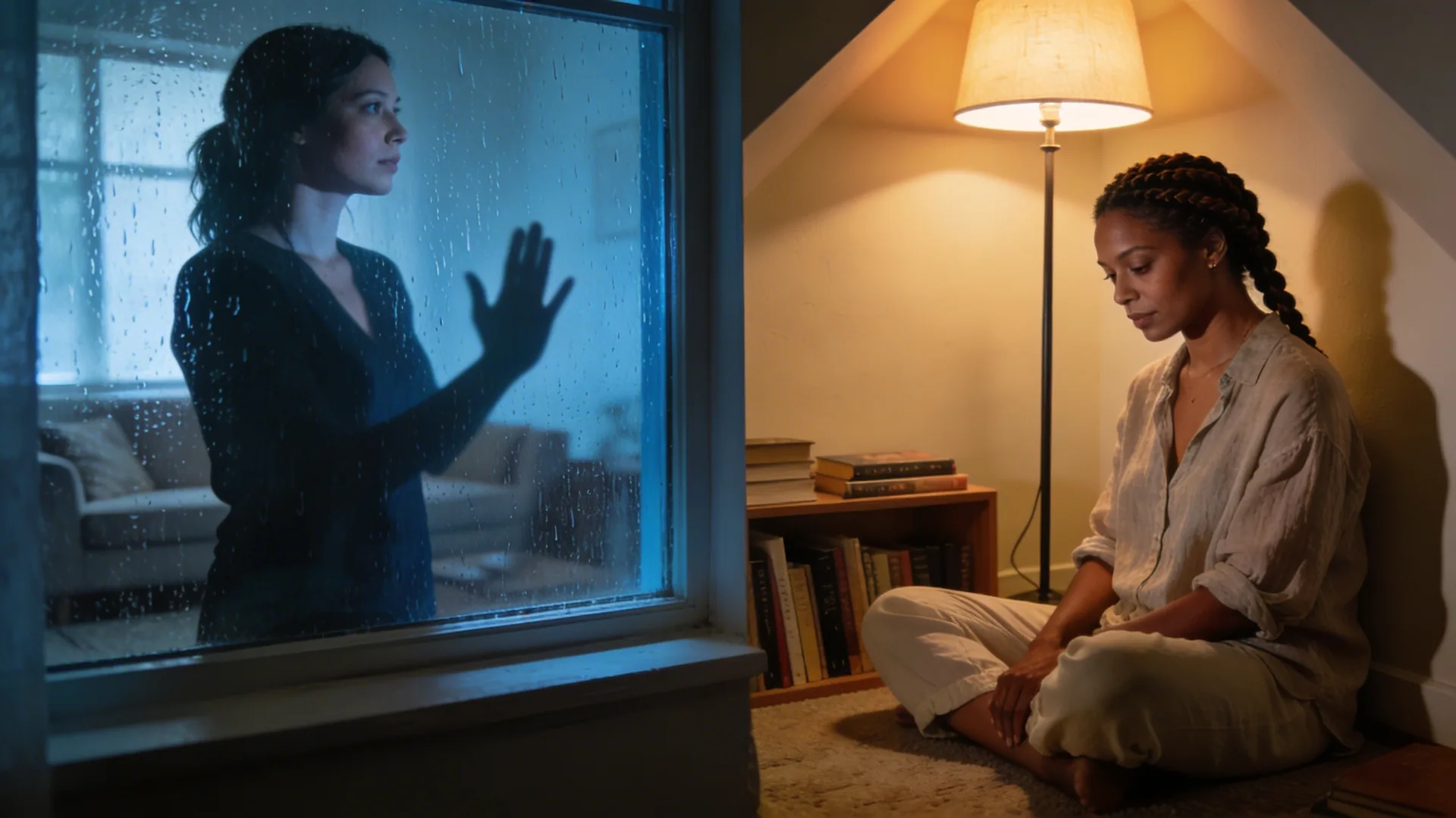 Woman standing behind rain-streaked window learning how to practice shadow work in a quiet living room
