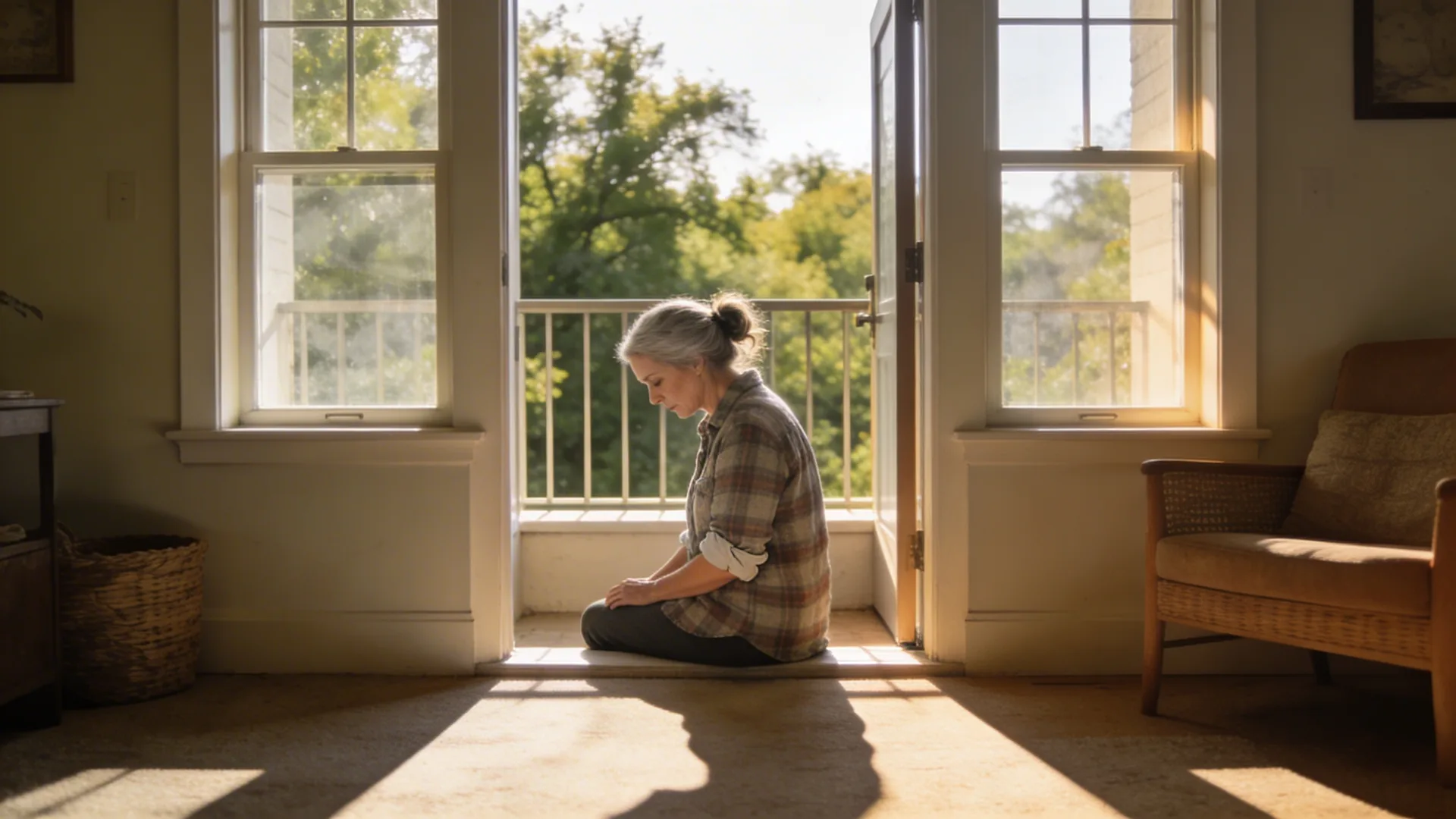 Woman paused at balcony doorway as things soften during shadow work integration in a real home