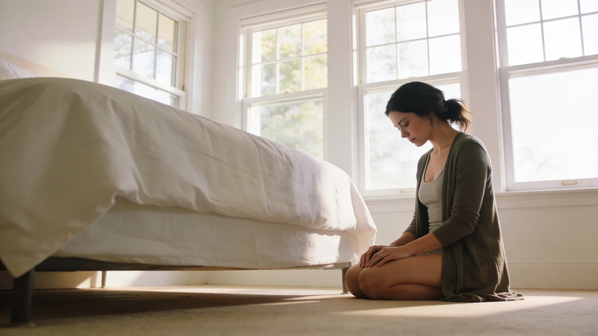 Woman pulling back curtain and stepping into bright hallway, the pattern that keeps emotions stuck beginning to release from the body