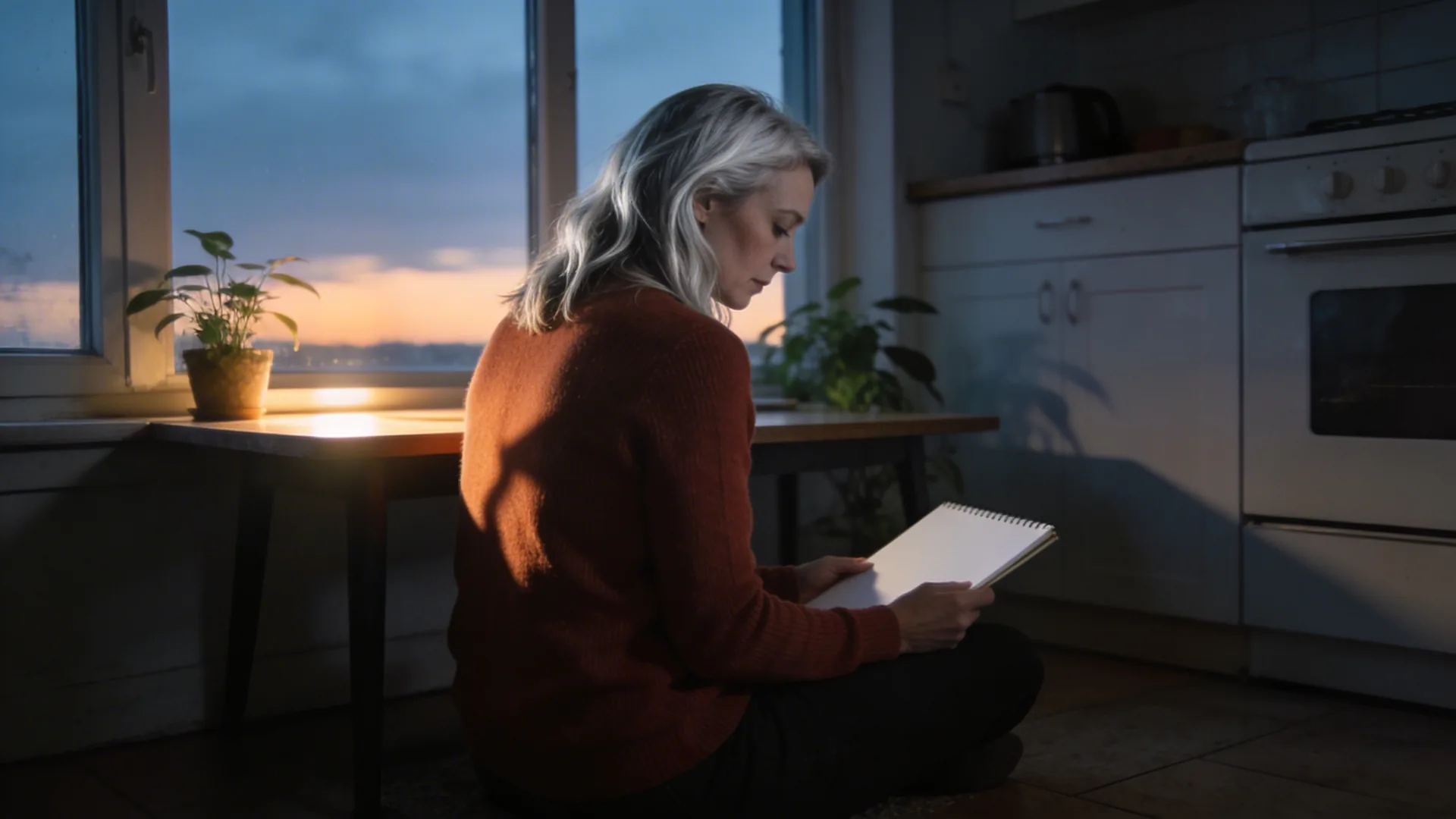 Man sitting at kitchen table at dusk with blank notebook, preparing how to start shadow work