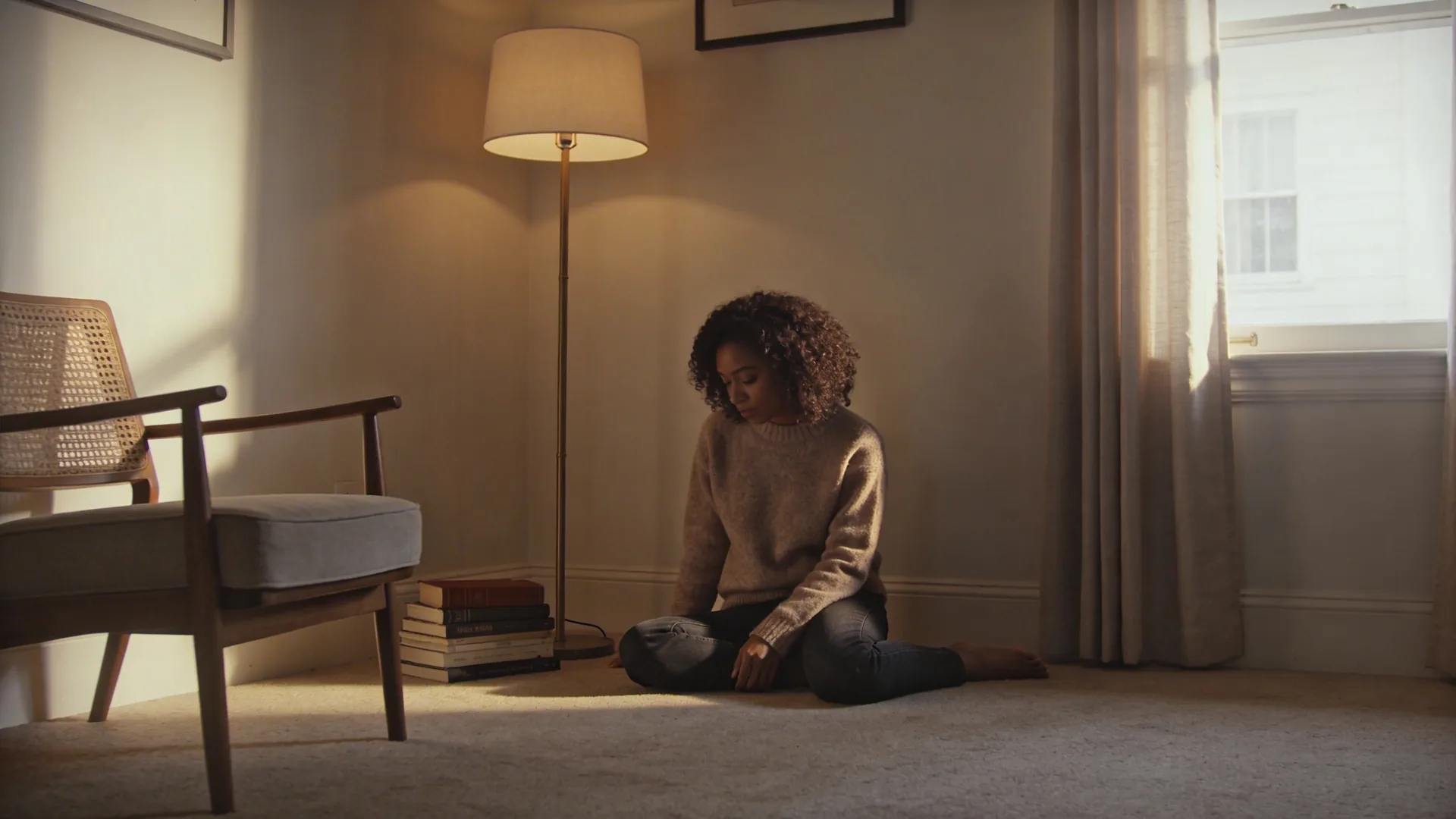 Person in relaxed floor position exploring bodily sensations to stop people pleasing patterns