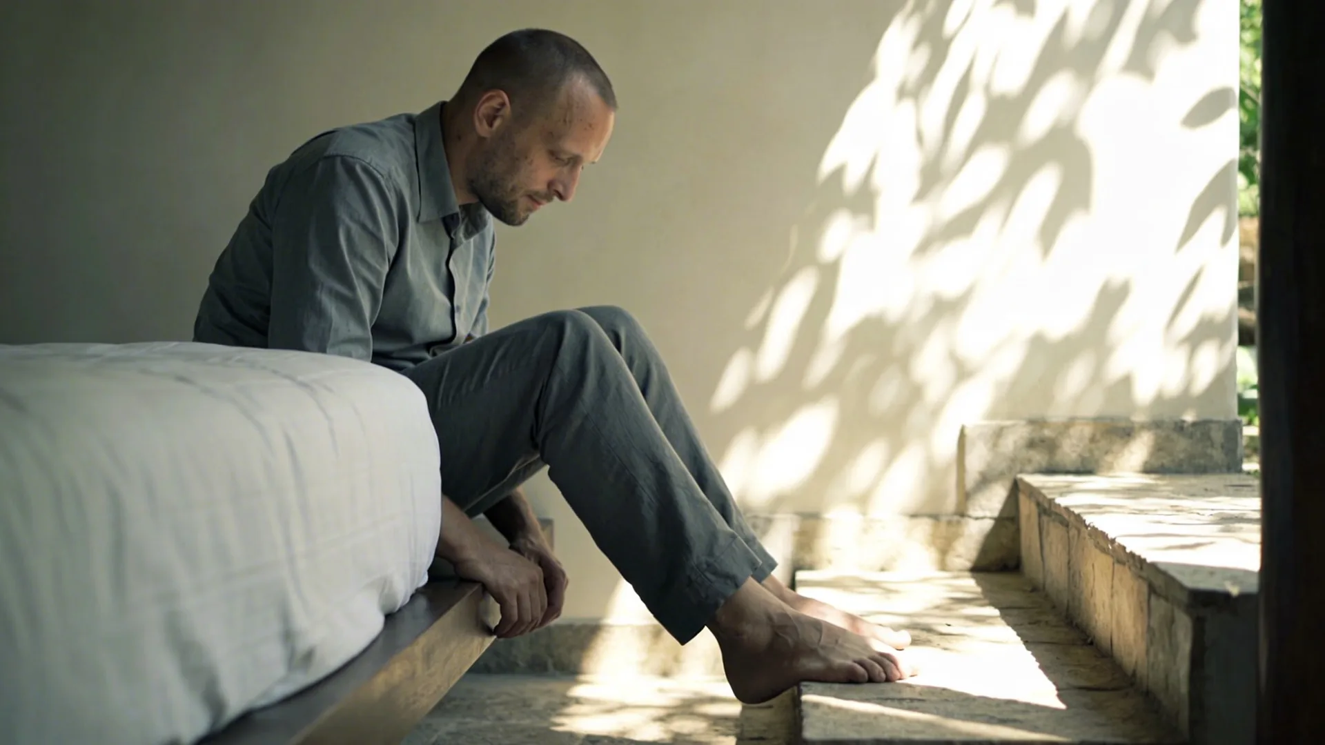 Bare feet paused at the top of sunlit stone steps representing the next step toward surrender
