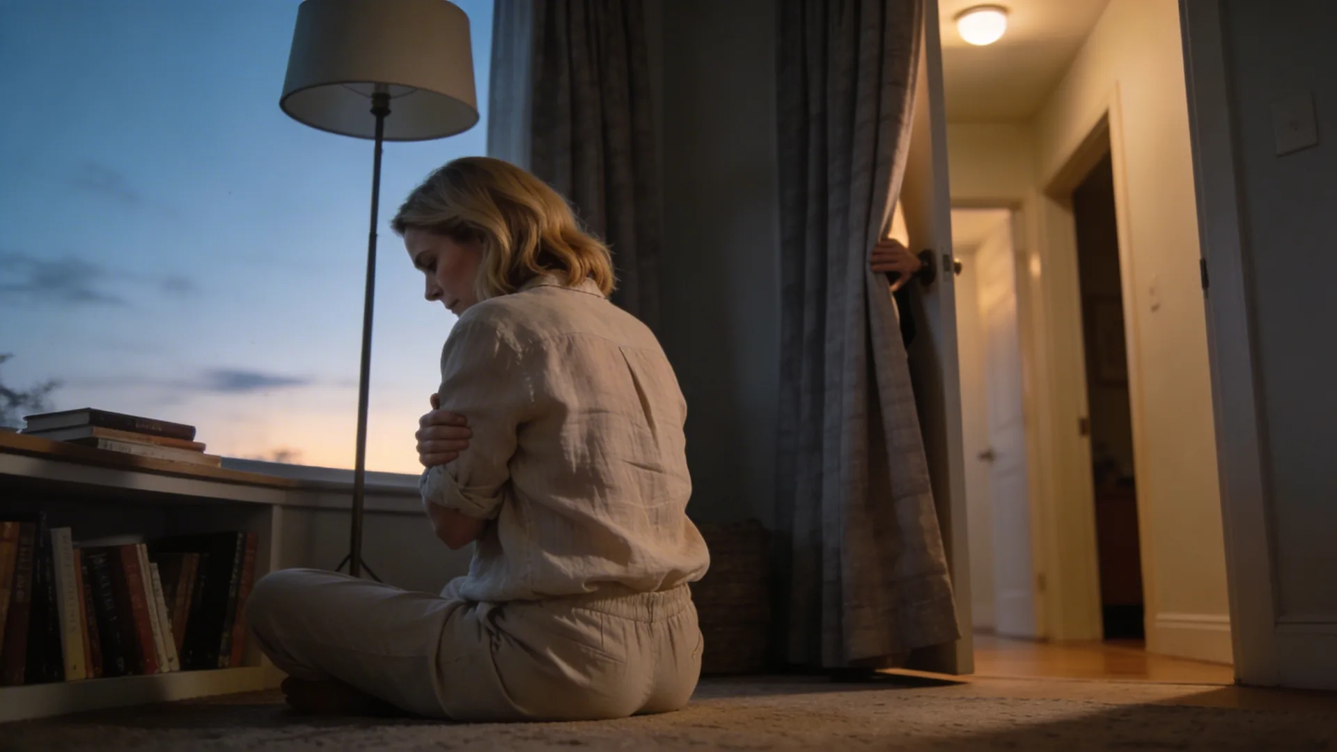 Woman opening hallway curtain during a 10-minute body-first check during an anxiety episode