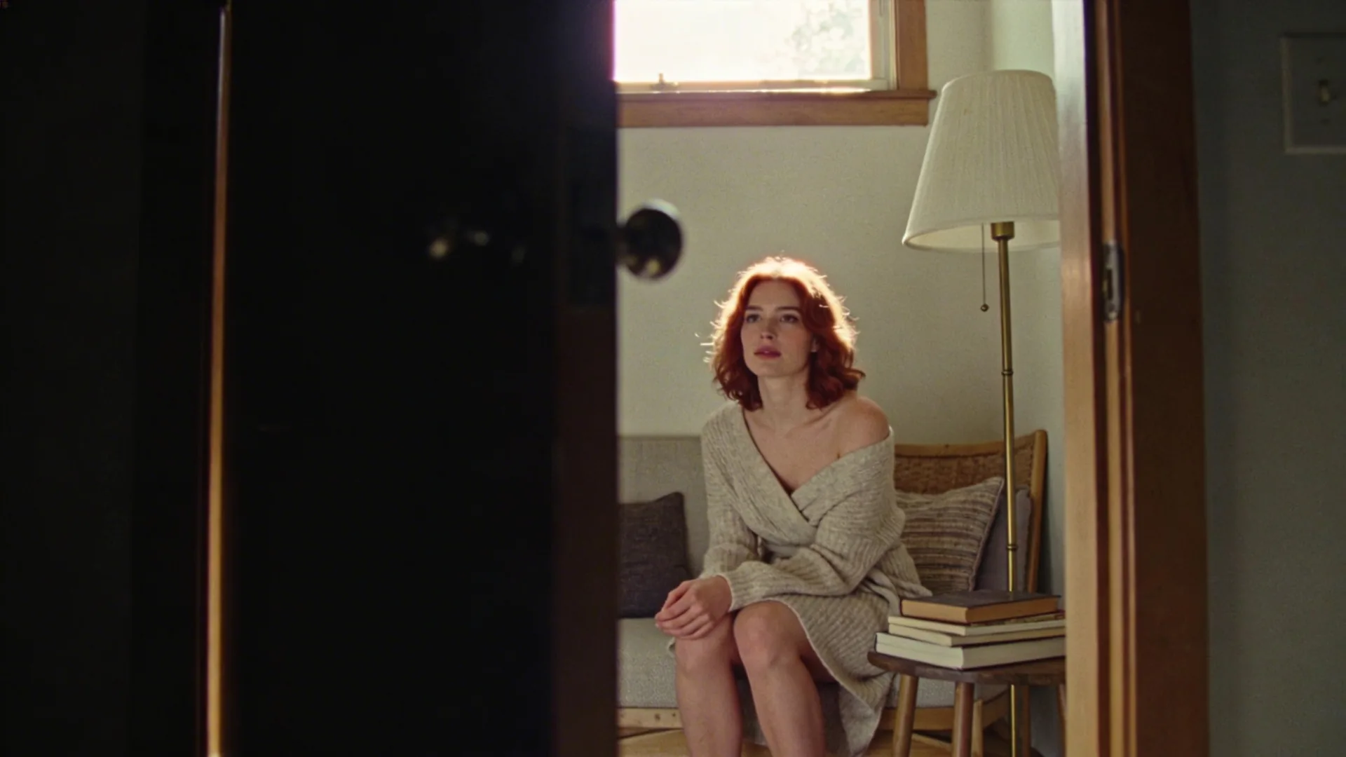 Woman stepping through doorway from darkness into morning light showing what starts to change