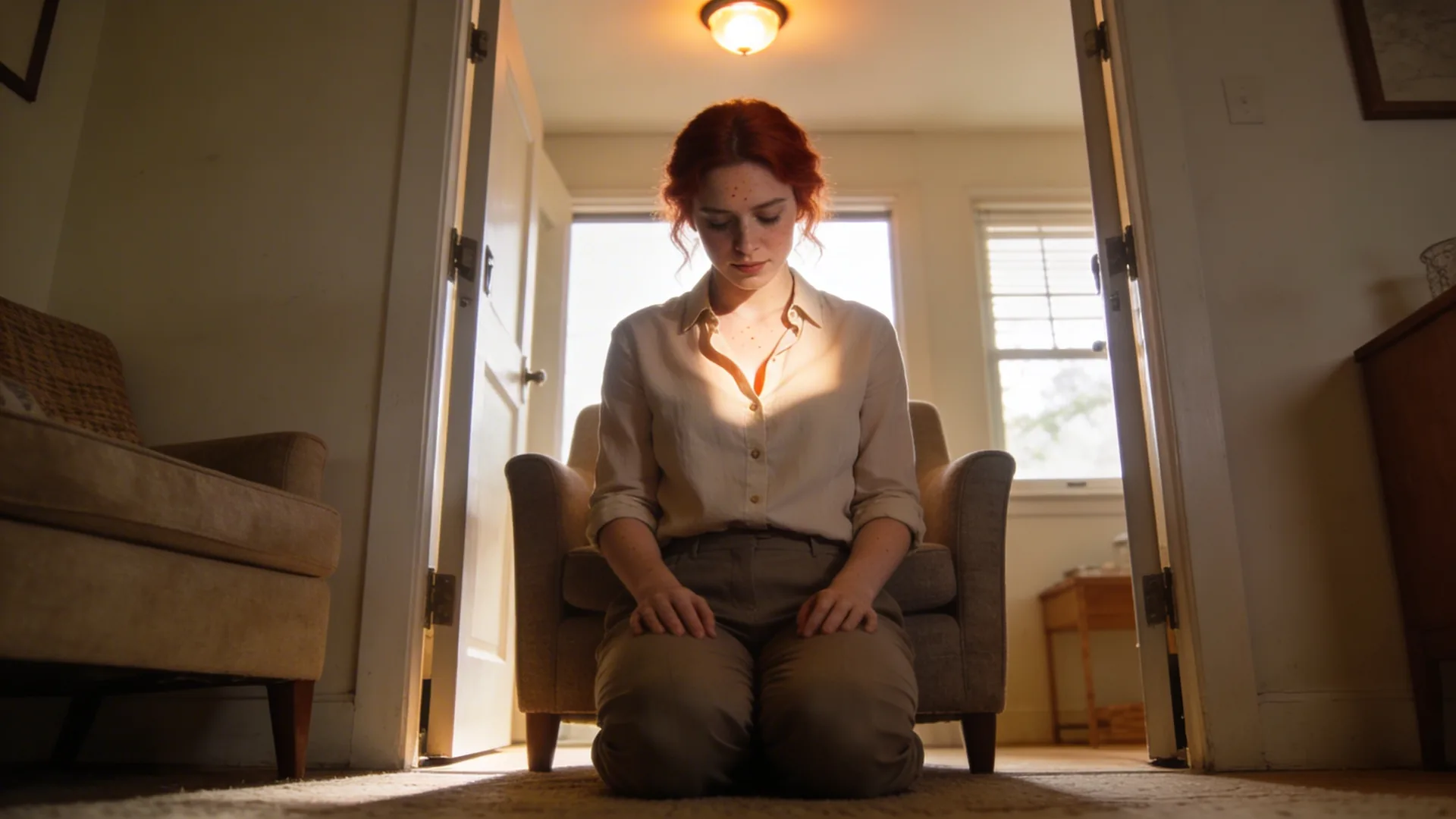 Woman pausing at open doorway mid-breath with light flooding in, showing chest opening and clear next step