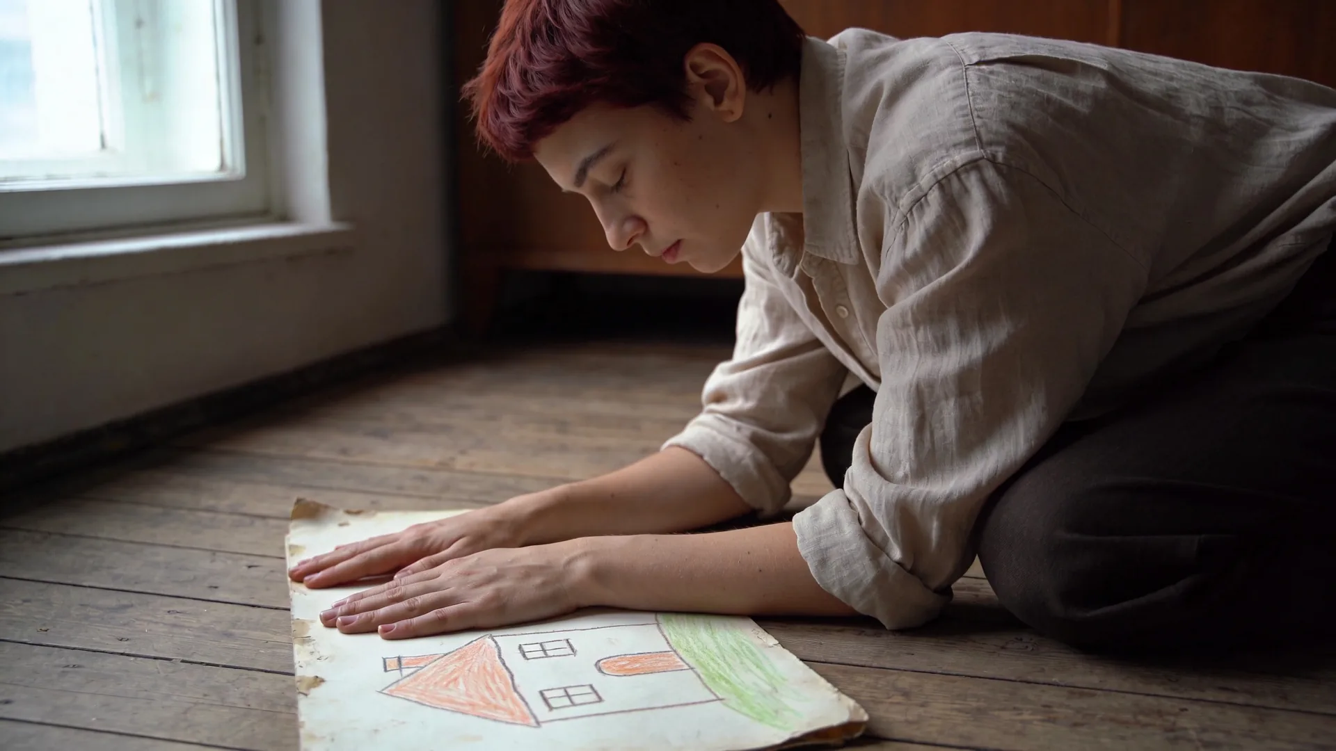 Inner child healing — close-up of adult hands resting on a child's drawing of a house on a wooden floor