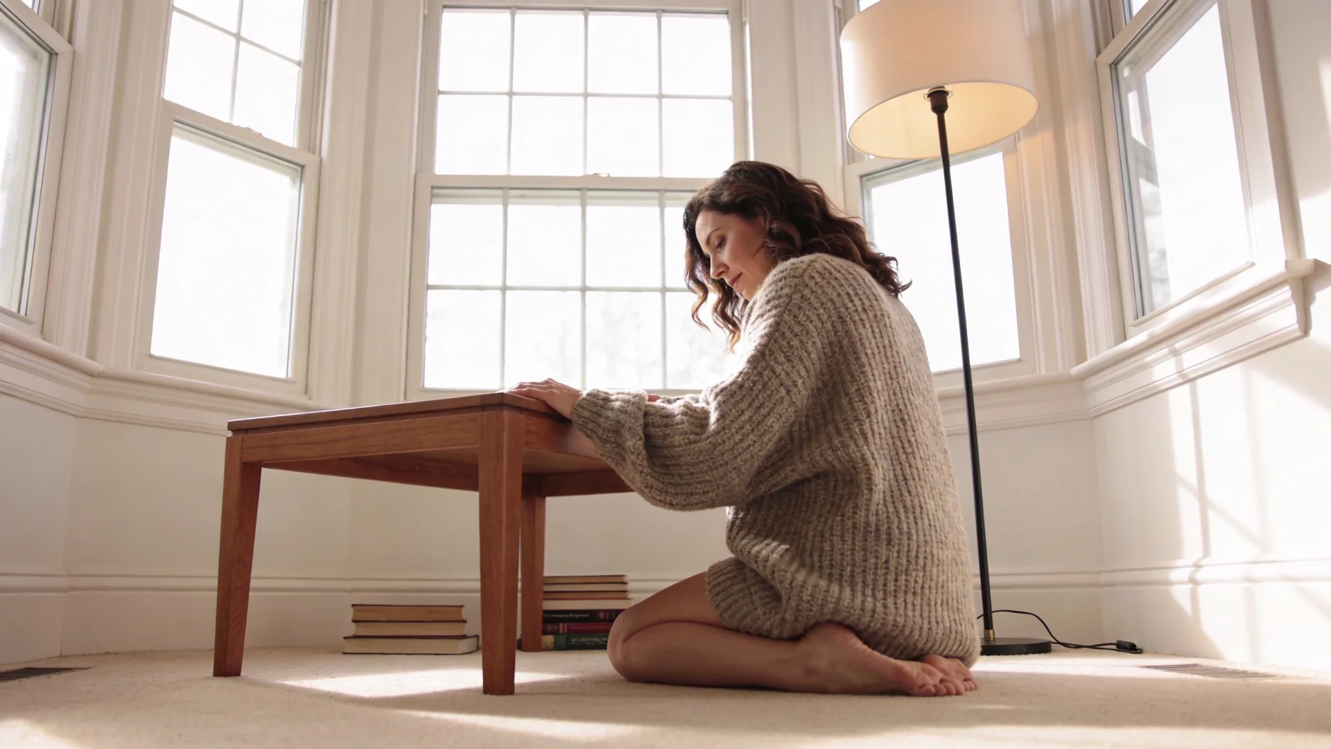Relaxed hands resting on oak table beside ceramic bowl showing what softens after inner child meditation