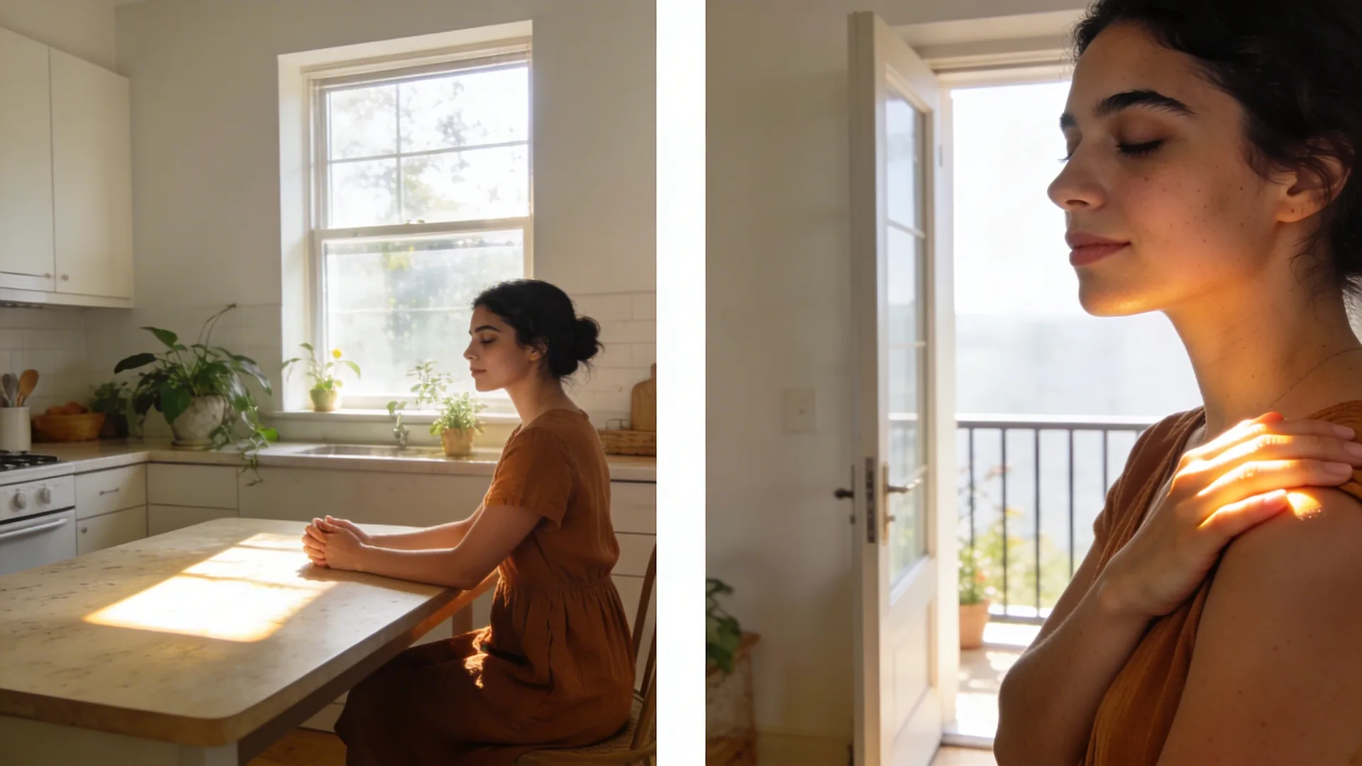 Man standing at balcony doorway in soft light as breath returns during messy inner child meditation