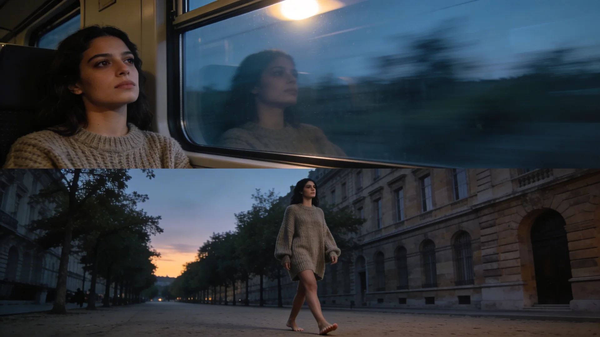 Overhead view of woman on train seeking inner peace, blurred territory streaming past window with faint reflection