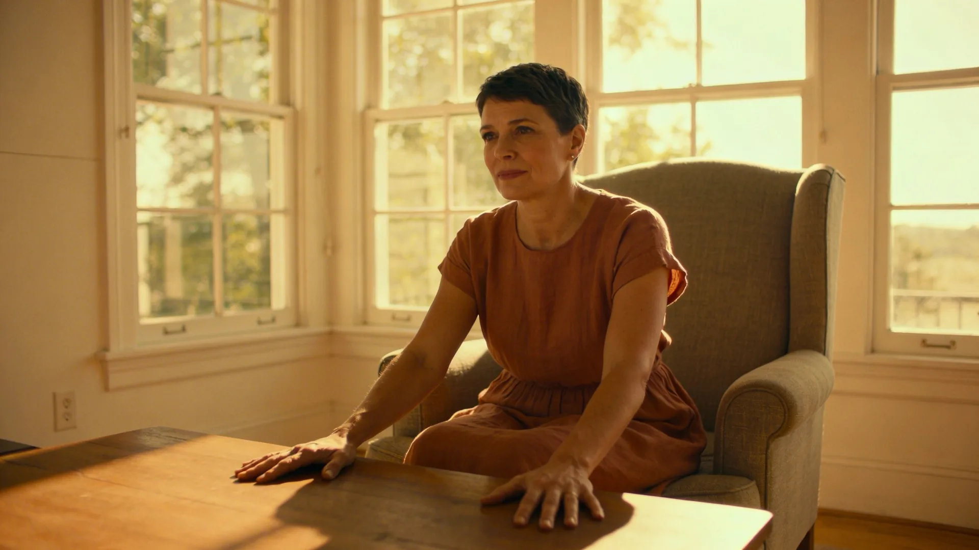 Hands resting palms down on wooden table showing why forcing calm makes things worse for inner peace