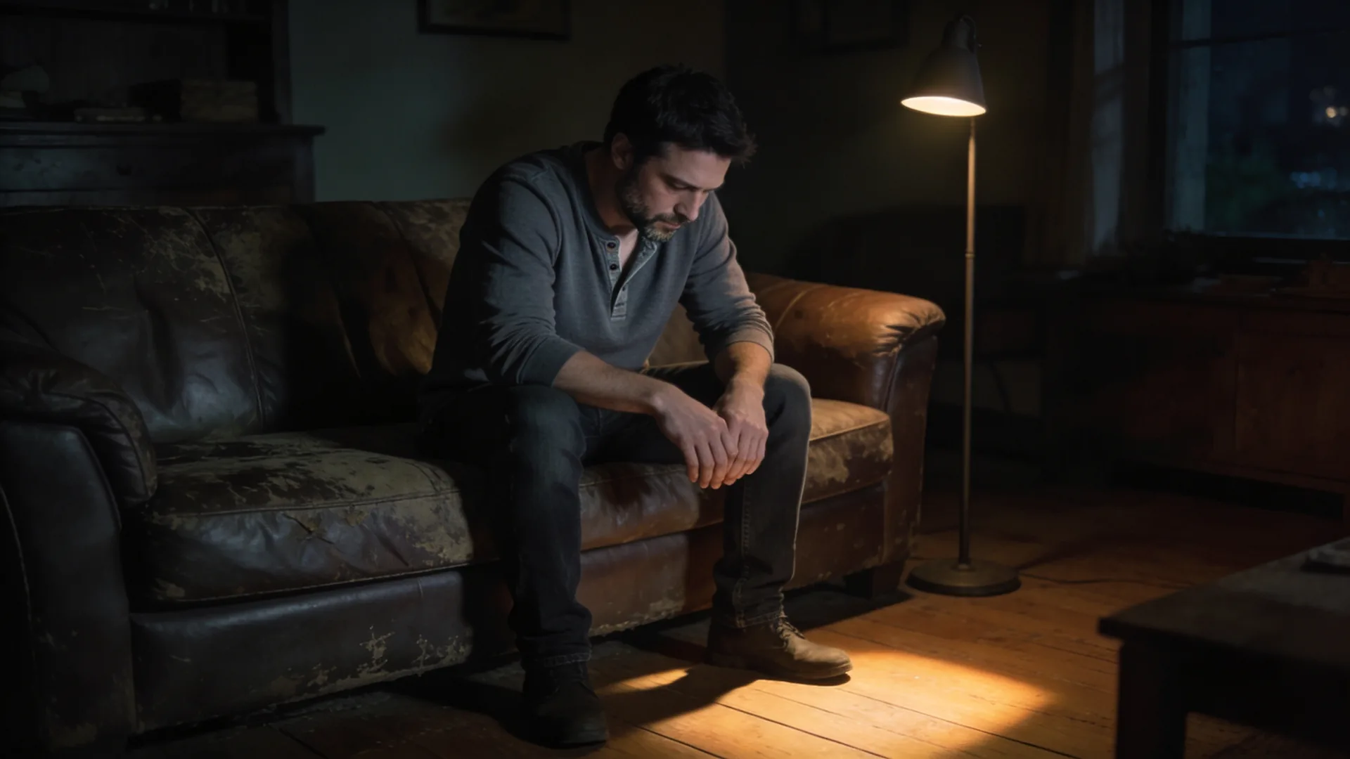 Male loneliness — seated alone on a worn leather couch at night, forearms on thighs, hands clasped