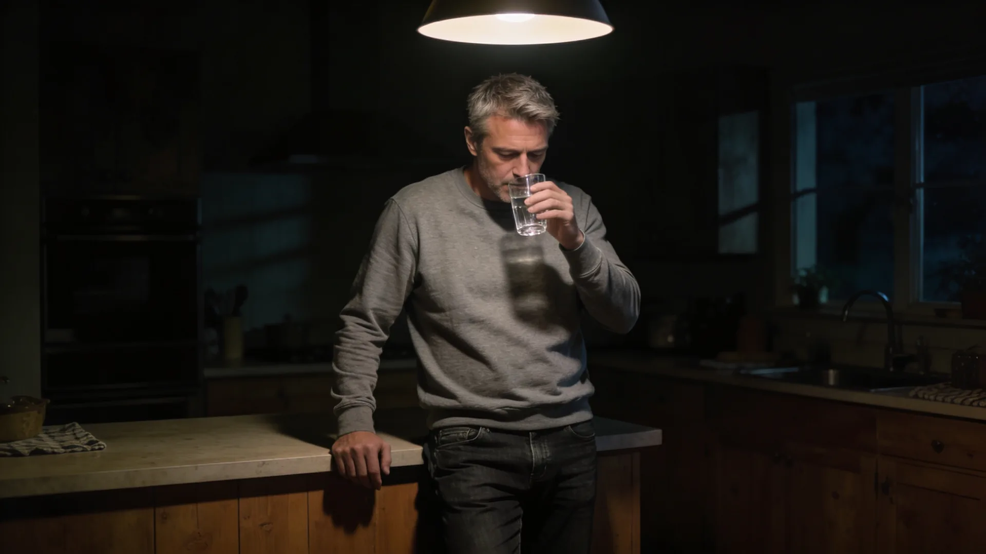Male loneliness — standing alone in a kitchen at night, leaning against the counter holding a glass of water