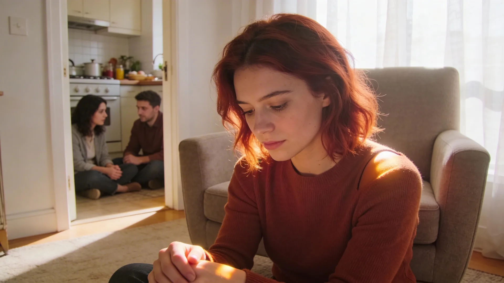 Two people sitting quietly in kitchen doorway exploring what keeps you stuck in too late mode and how to loosen it