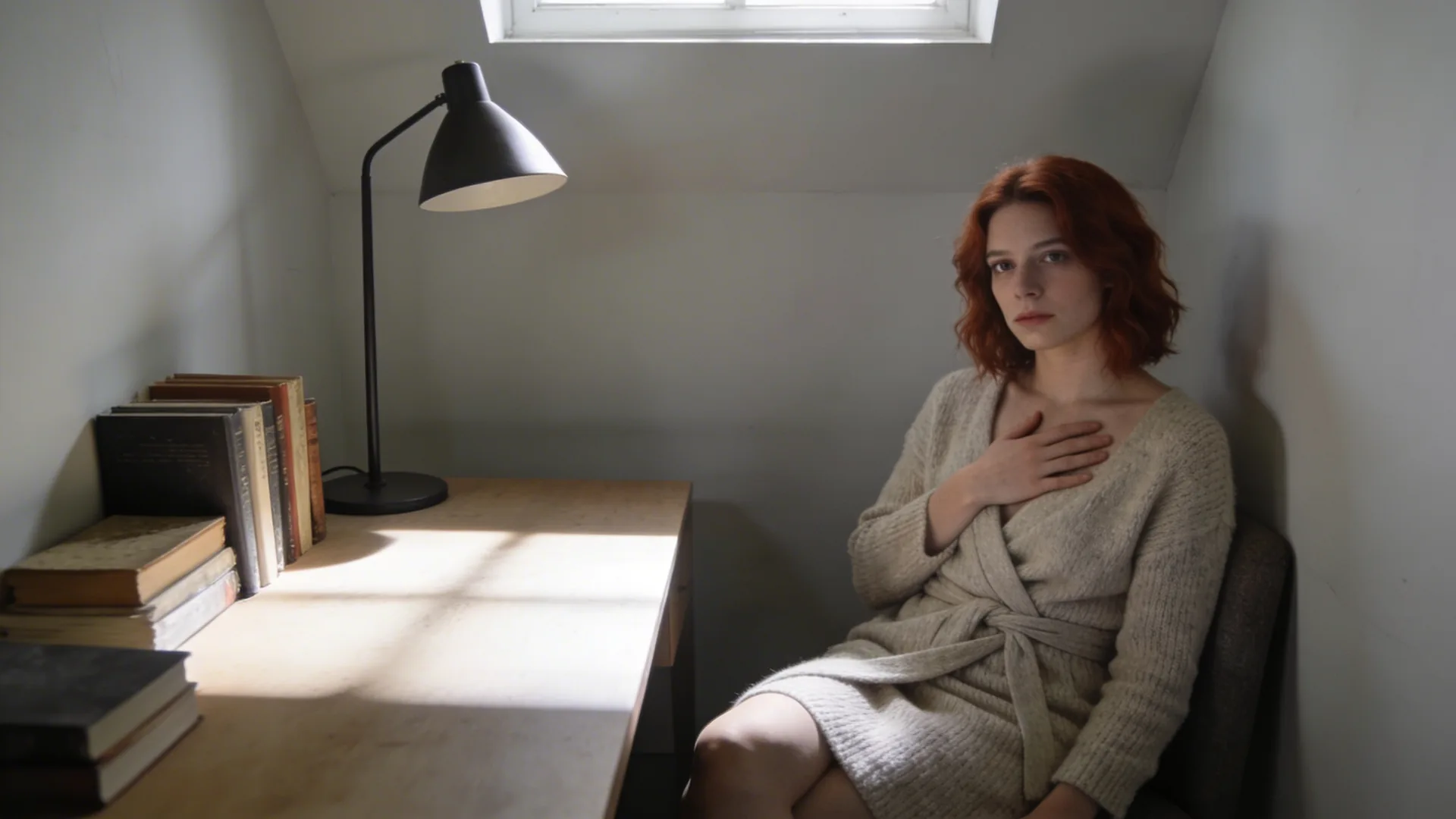 Woman at sunlit desk with hand on chest questioning is my spiritual teacher a narcissist