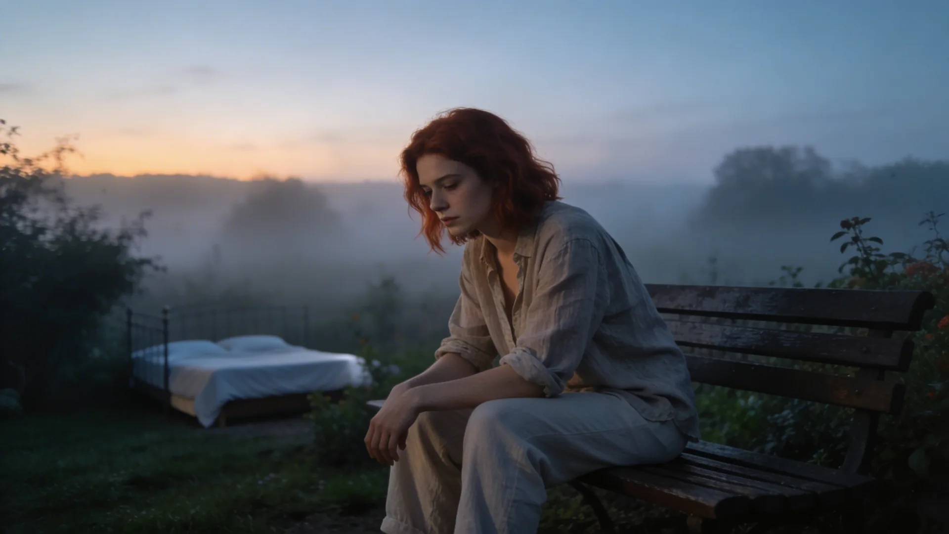 Woman sitting on a garden bench in misty morning light during job burnout recovery pause
