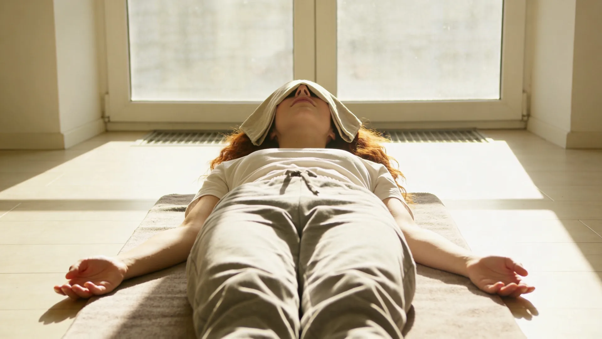Woman lying on wooden floor in Feeling Session posture with palms down during burnout recovery month