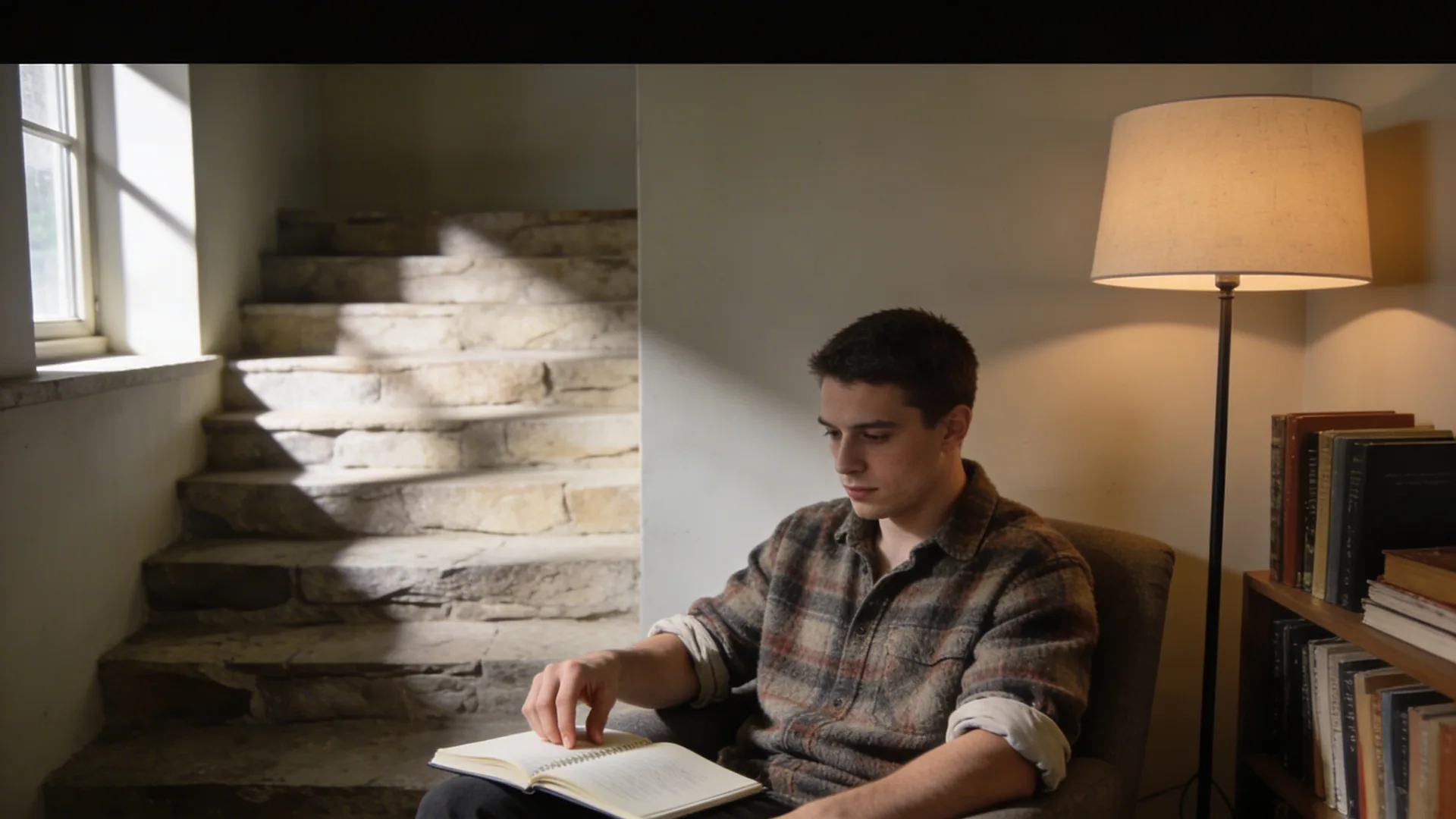 Hand hesitating above open journal page with stone steps in background, representing journal prompts for emotional healing