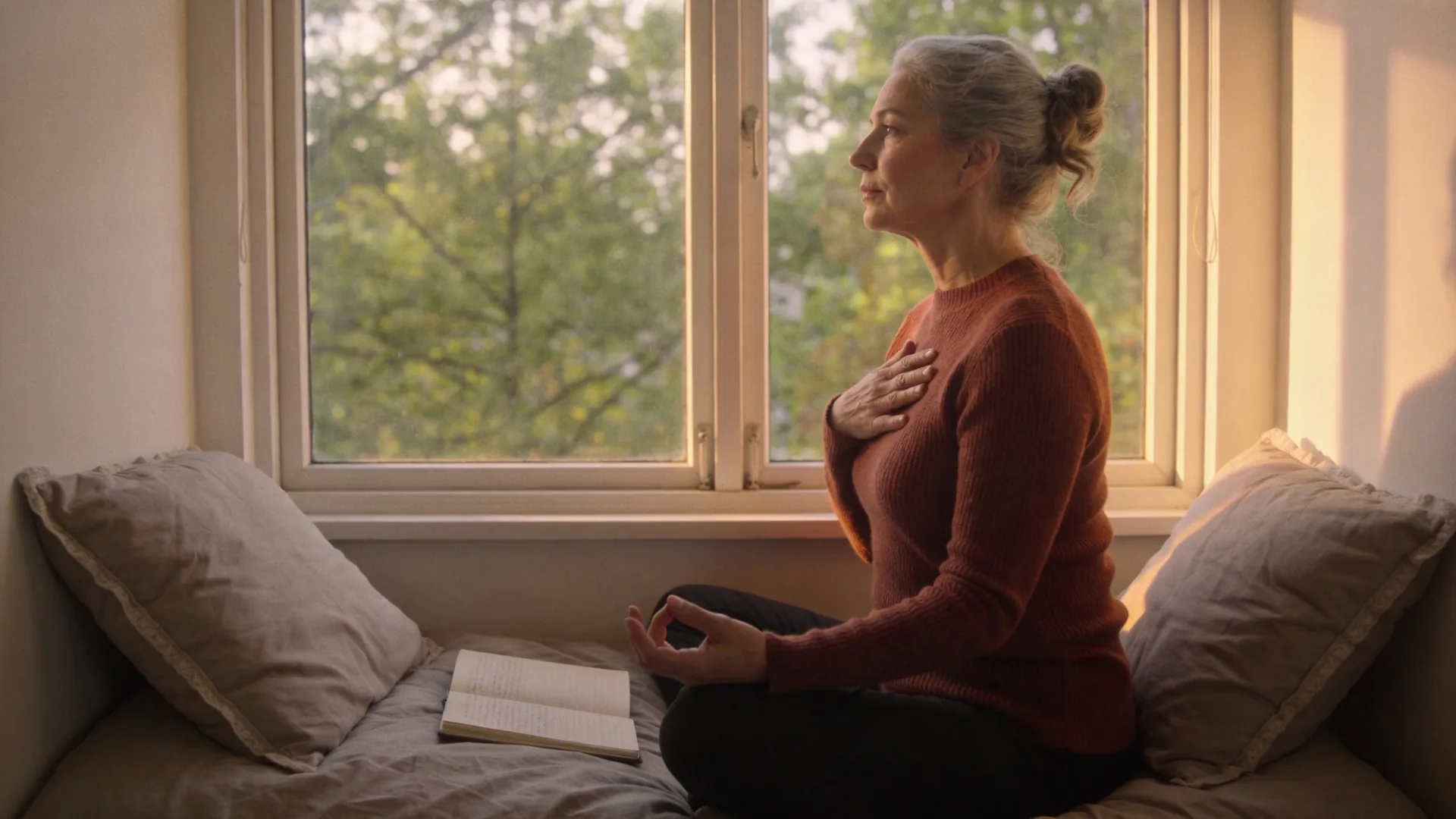 Open notebook on bedsheets beside a person's chest mid-breath during a body-first journaling practice