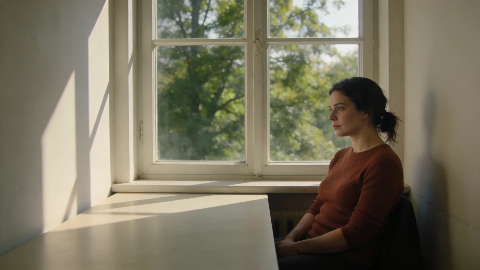 Woman paused at clean desk in natural light, body showing the weight of learning to know your worth